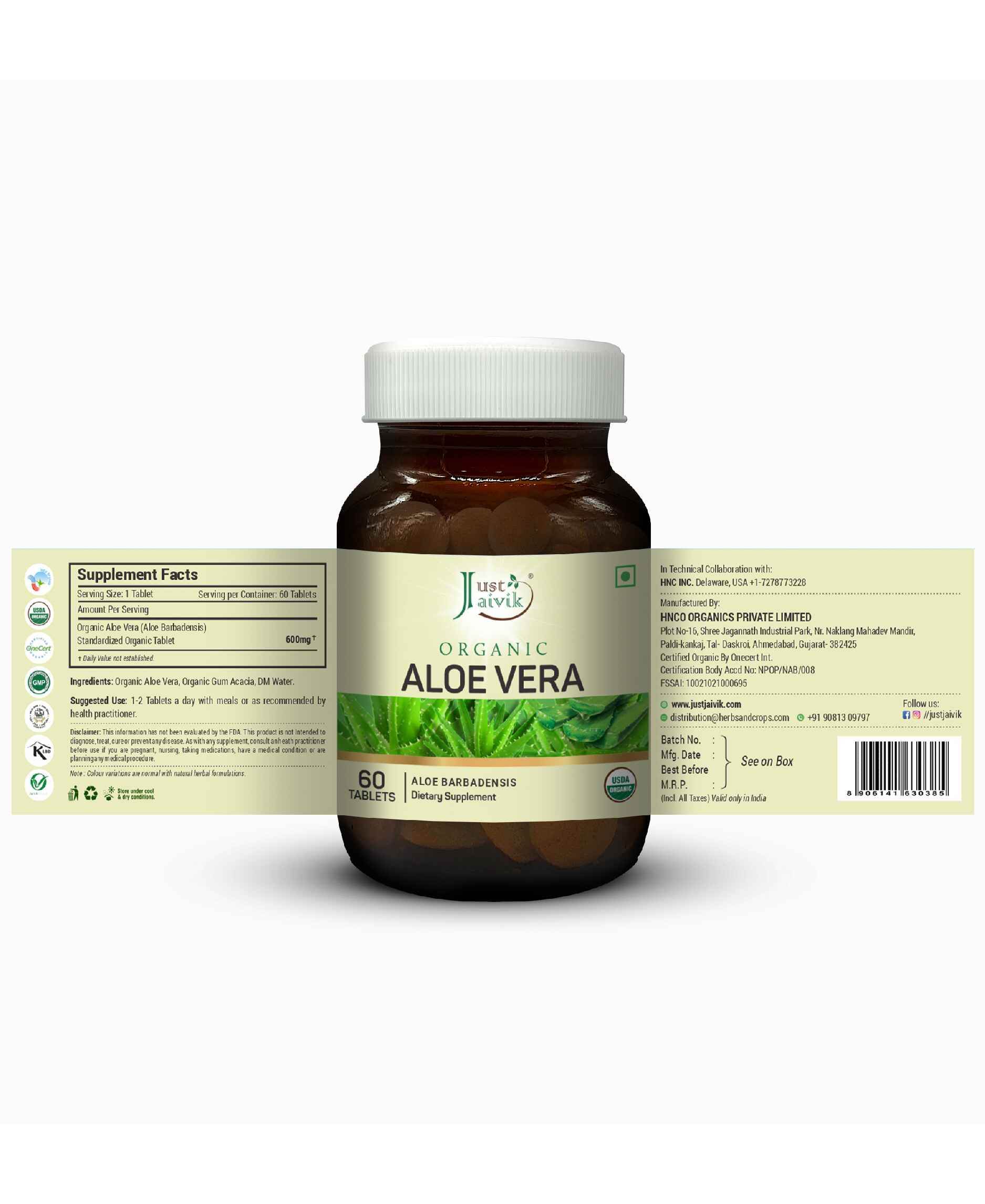 Just Jaivik Organic Aloe Vera Tablets bottle front view