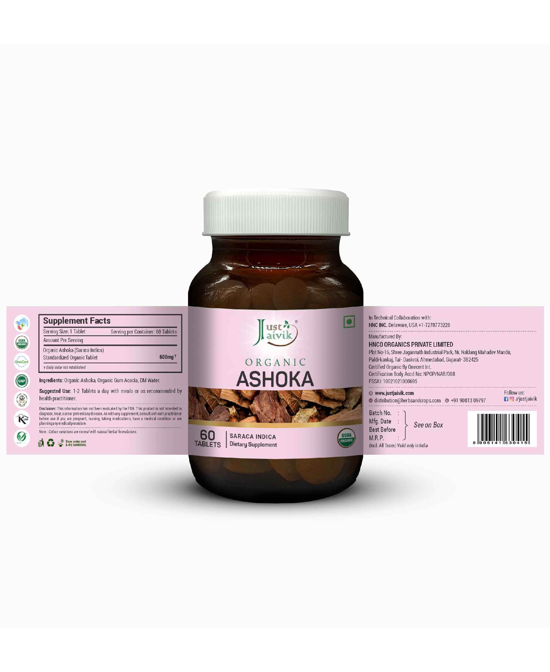 Just Jaivik Organic Ashoka Tablets bottle with 60 tablets