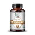Just Jaivik Organic Ashwagandha Caplets bottle on white background