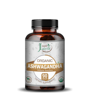 Just Jaivik Organic Ashwagandha Caplets bottle on white background