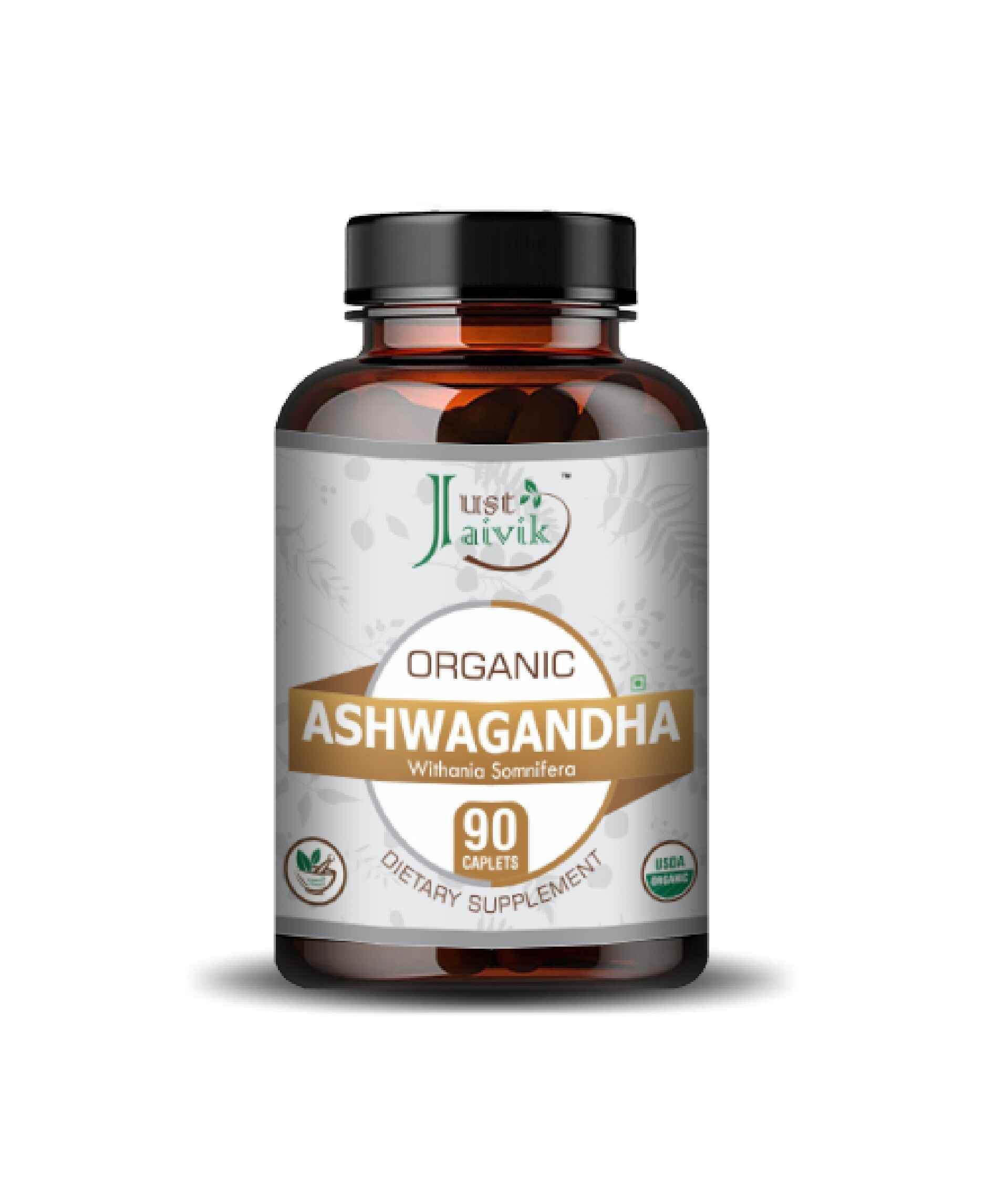 Just Jaivik Organic Ashwagandha Caplets bottle on white background