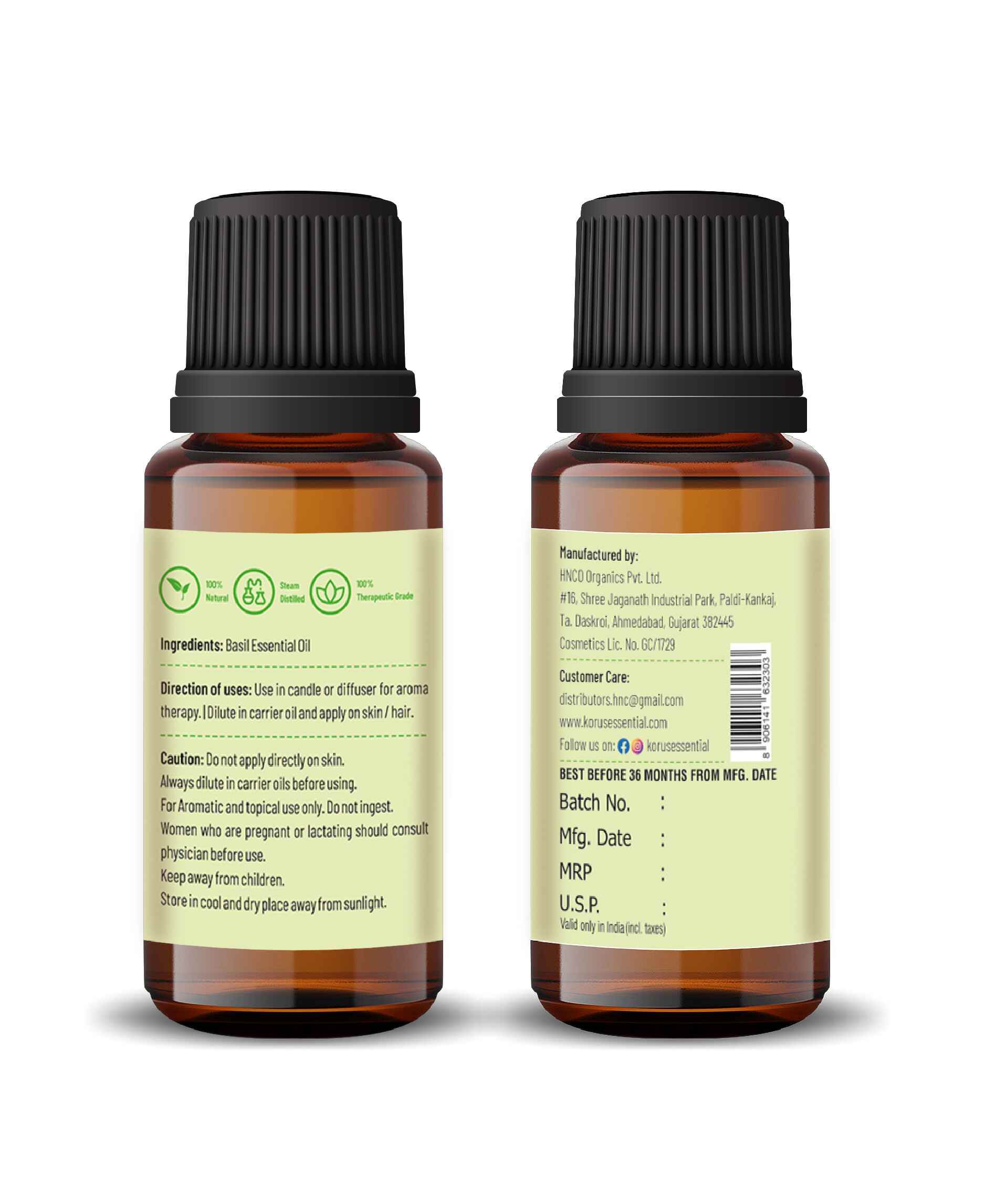 Korus Essential Basil Oil - 15ml (Pack of 2).