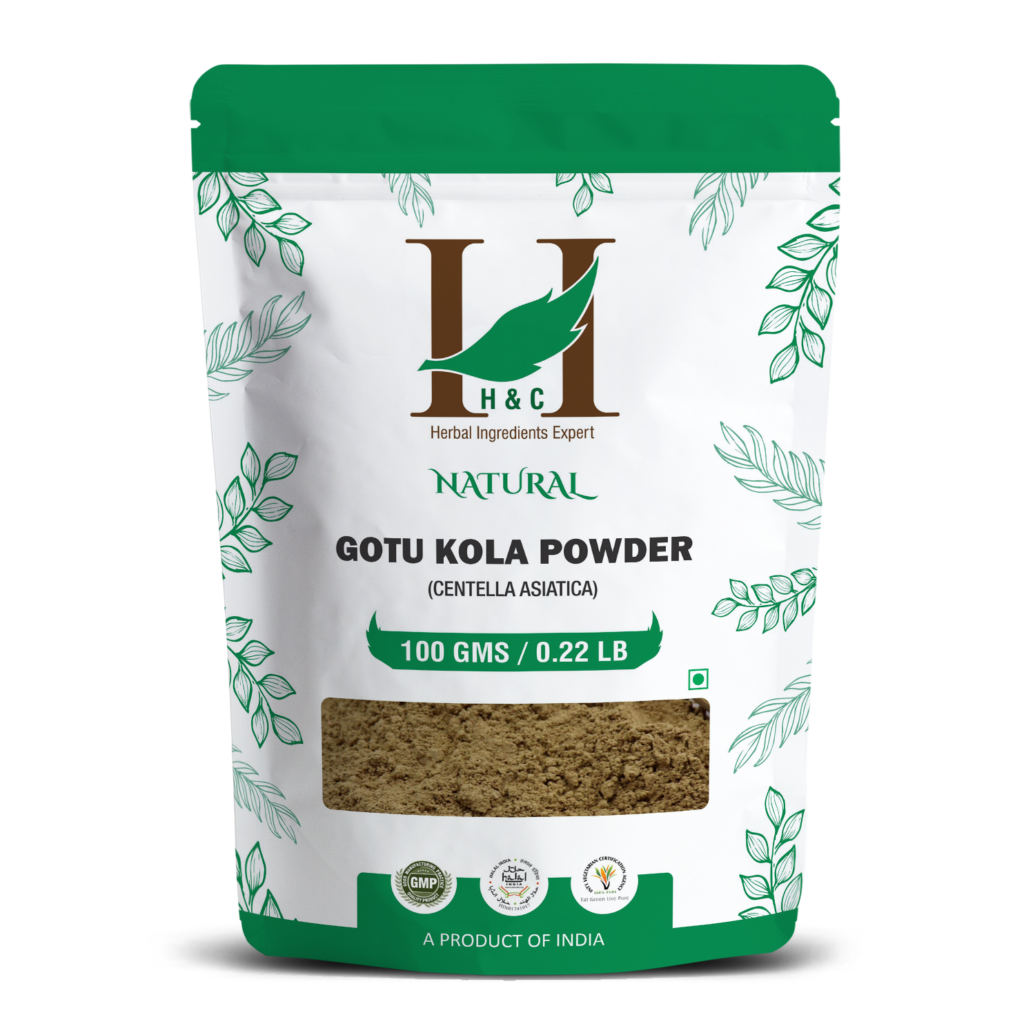 A stand-up pouch of H&C Natural Gotu Kola Powder (Centella Asiatica) on a solid white background. The packaging is white with a green top and bottom, decorated with green leaf illustrations.