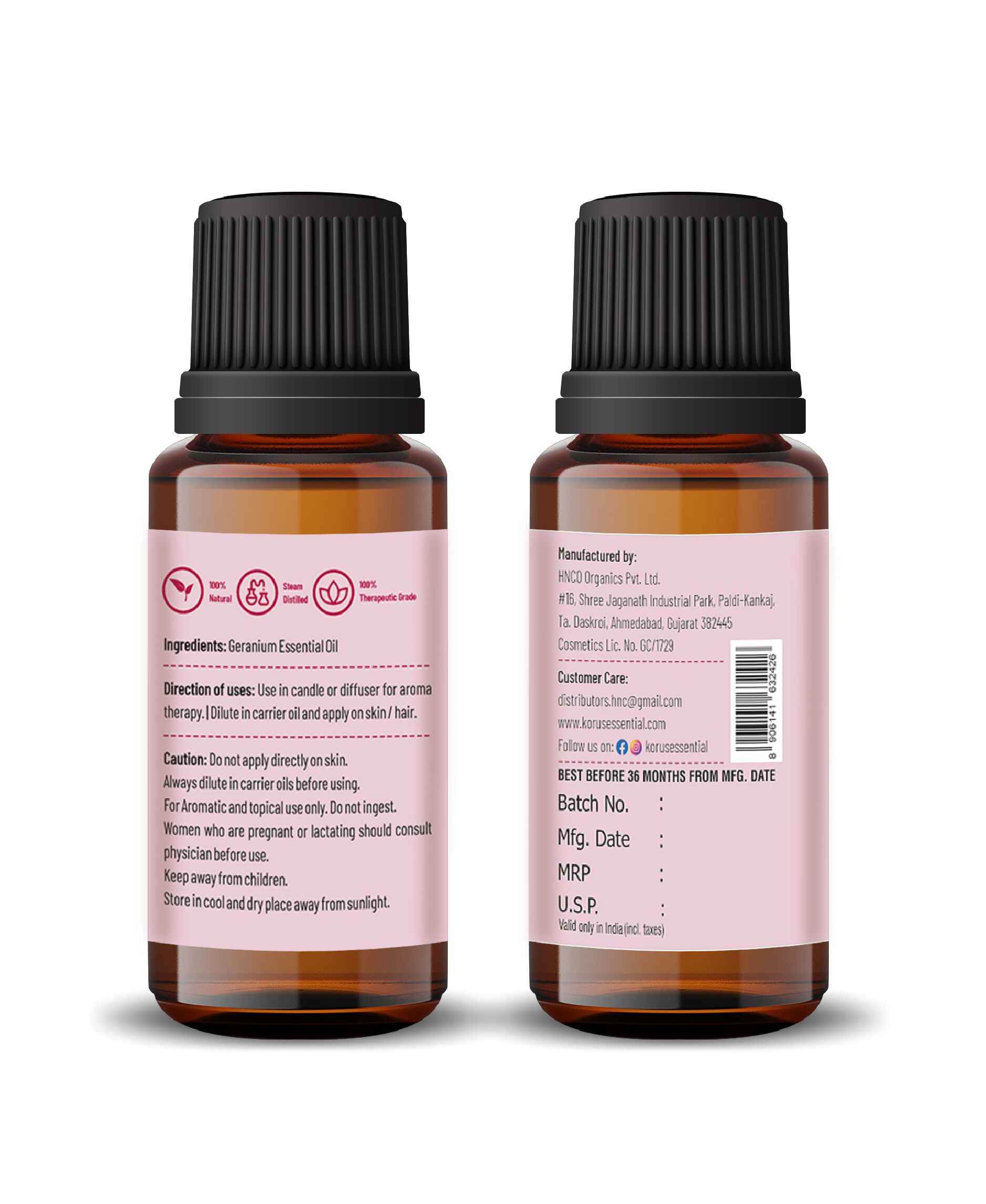 Korus Essential Geranium Oil - 15ml (Pack of 2).