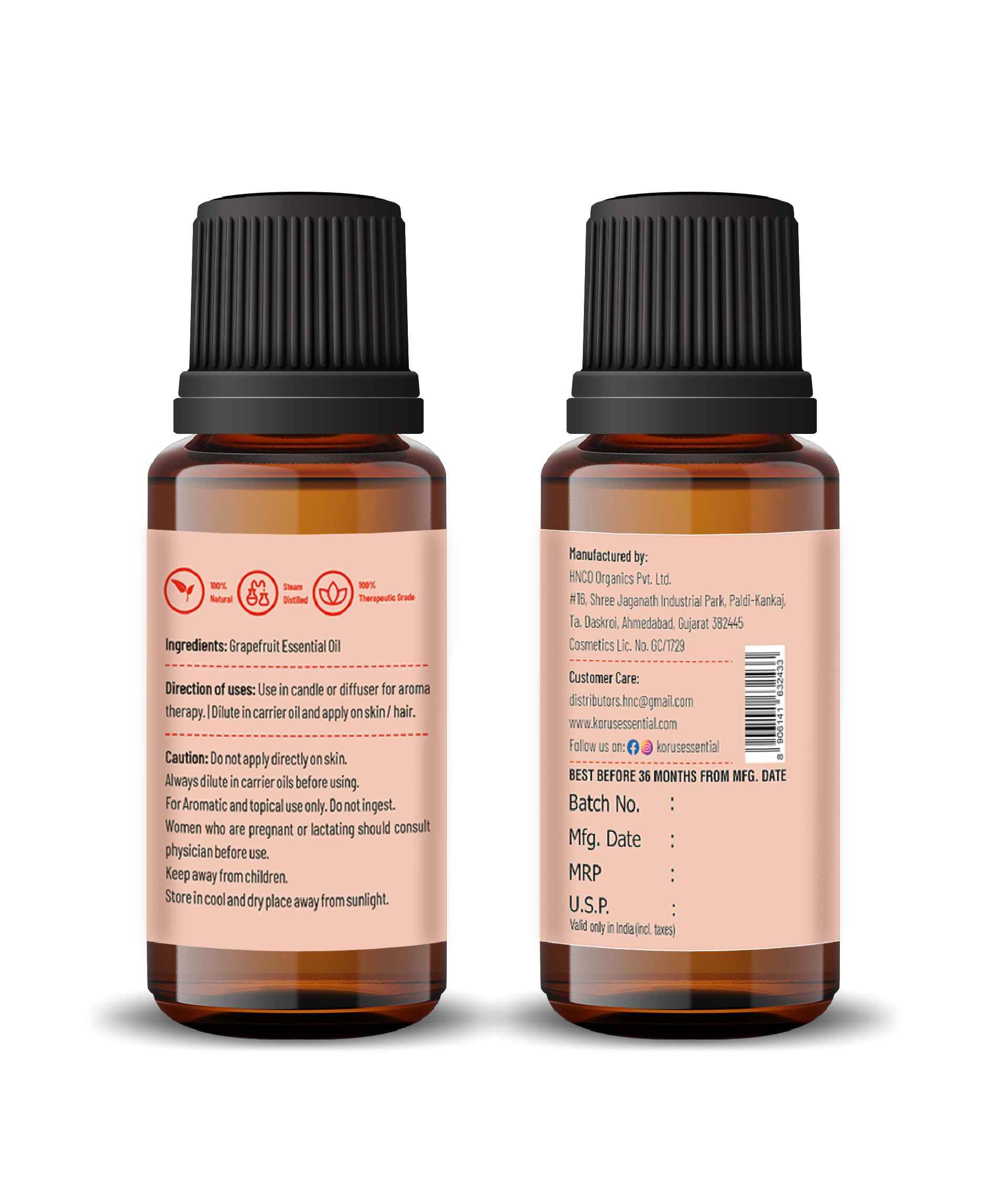 Korus Essential Grapefruit Oil - 15ml (Pack of 2).