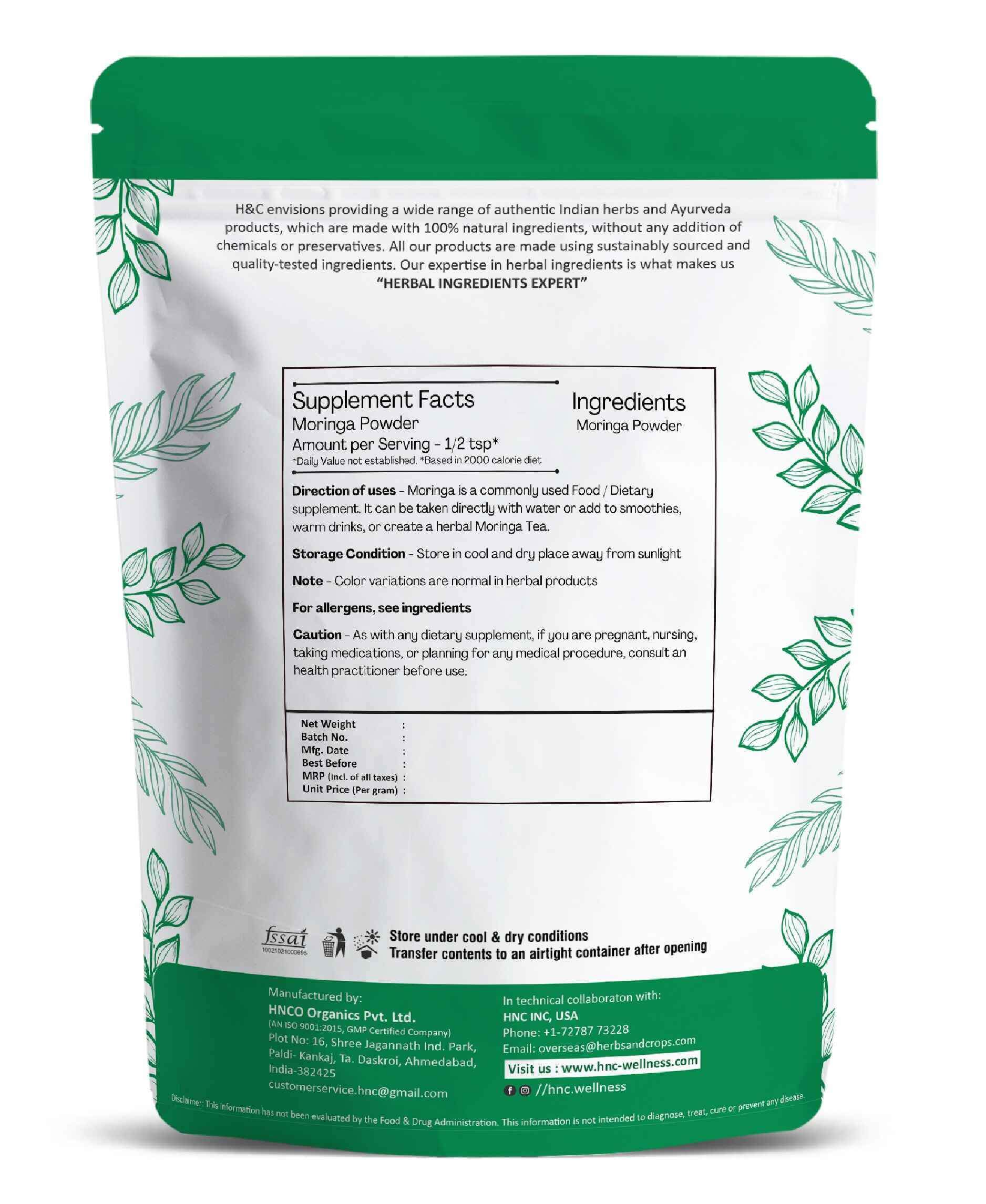 H&C Natural Moringa Plant Basef Leaves Powder For Superfood Supplement For Health and Wellness.