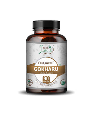 Just Jaivik Organic Gokharu Caplets bottle with 750mg tablets