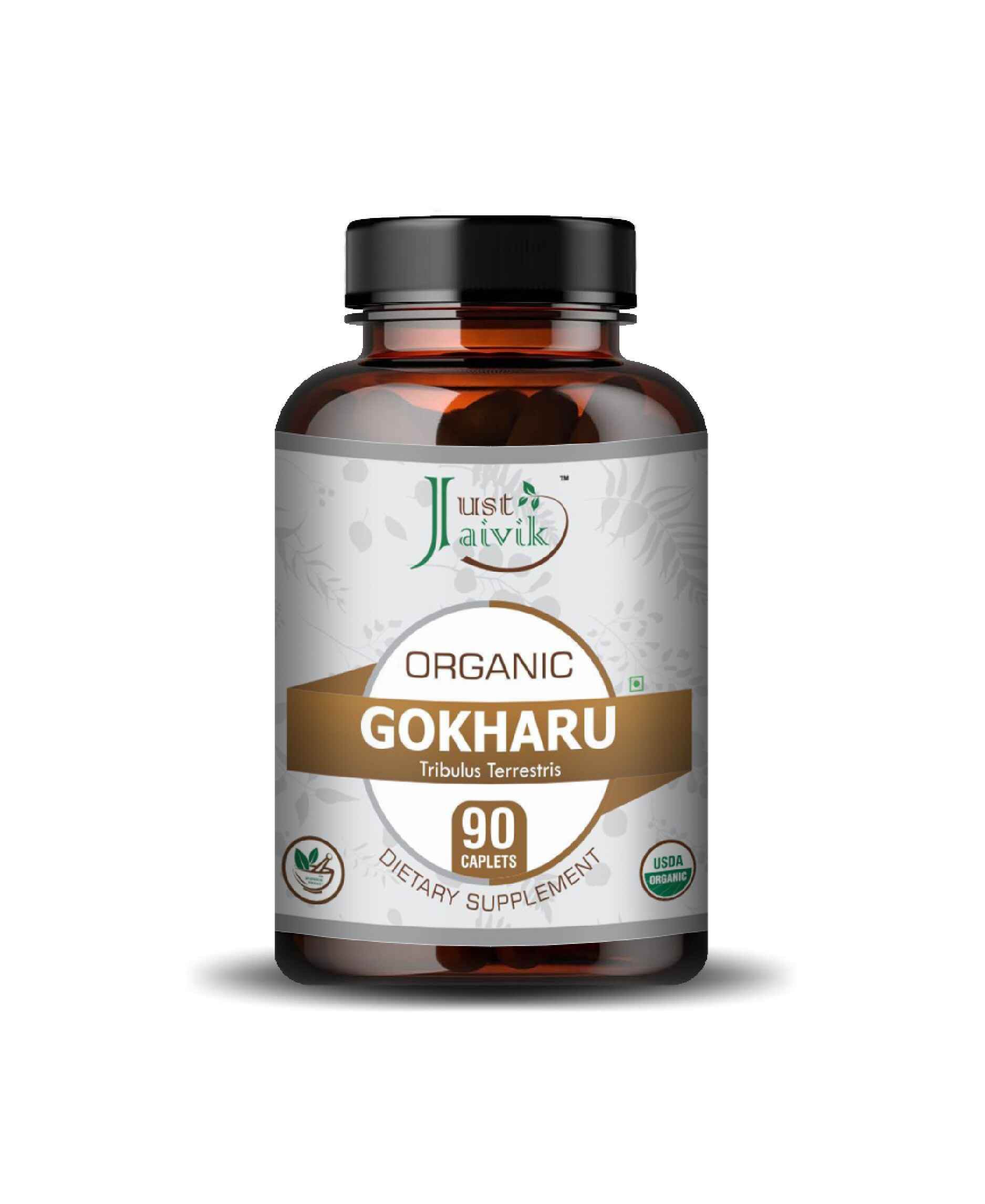 Just Jaivik Organic Gokharu Caplets bottle with 750mg tablets