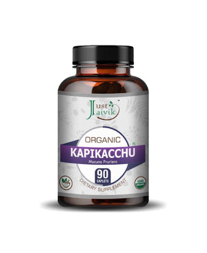Just Jaivik Organic Kapikacchu caplets bottle with herbal supplement for reproductive health