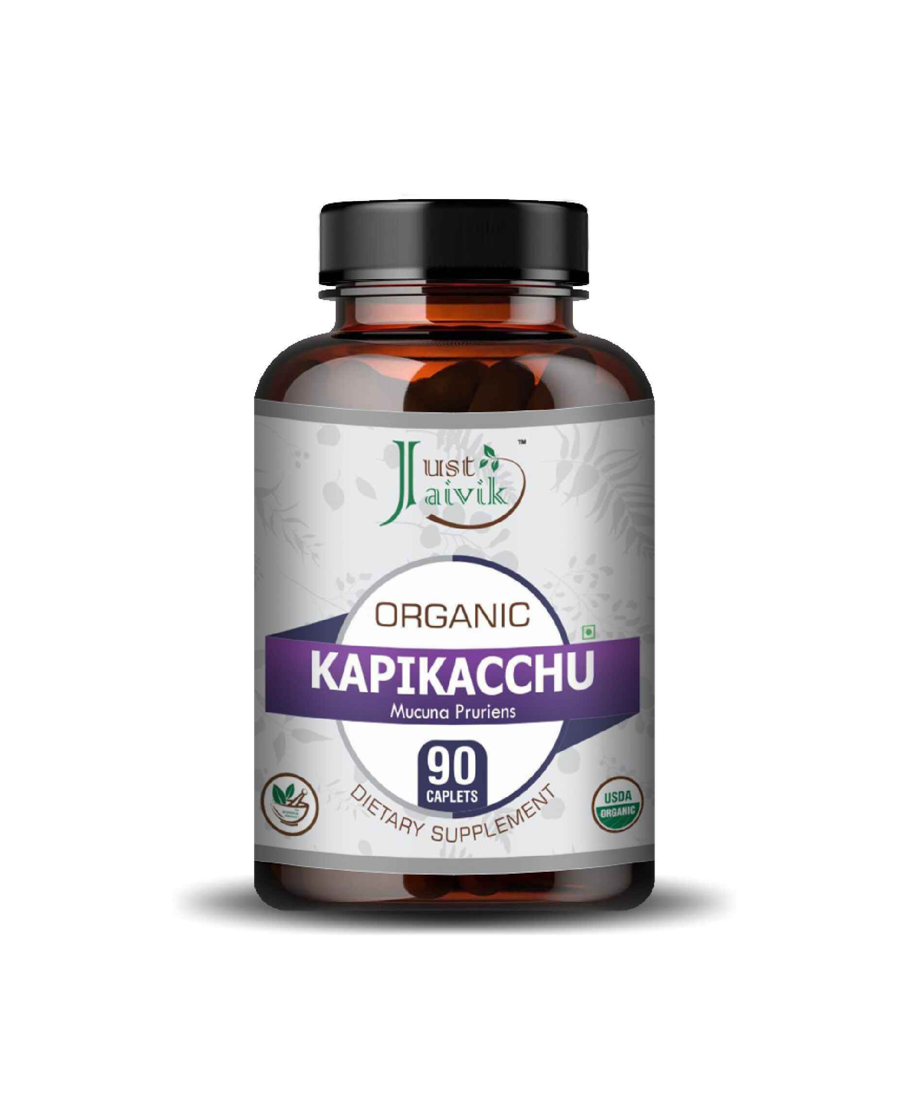 Just Jaivik Organic Kapikacchu caplets bottle with herbal supplement for reproductive health
