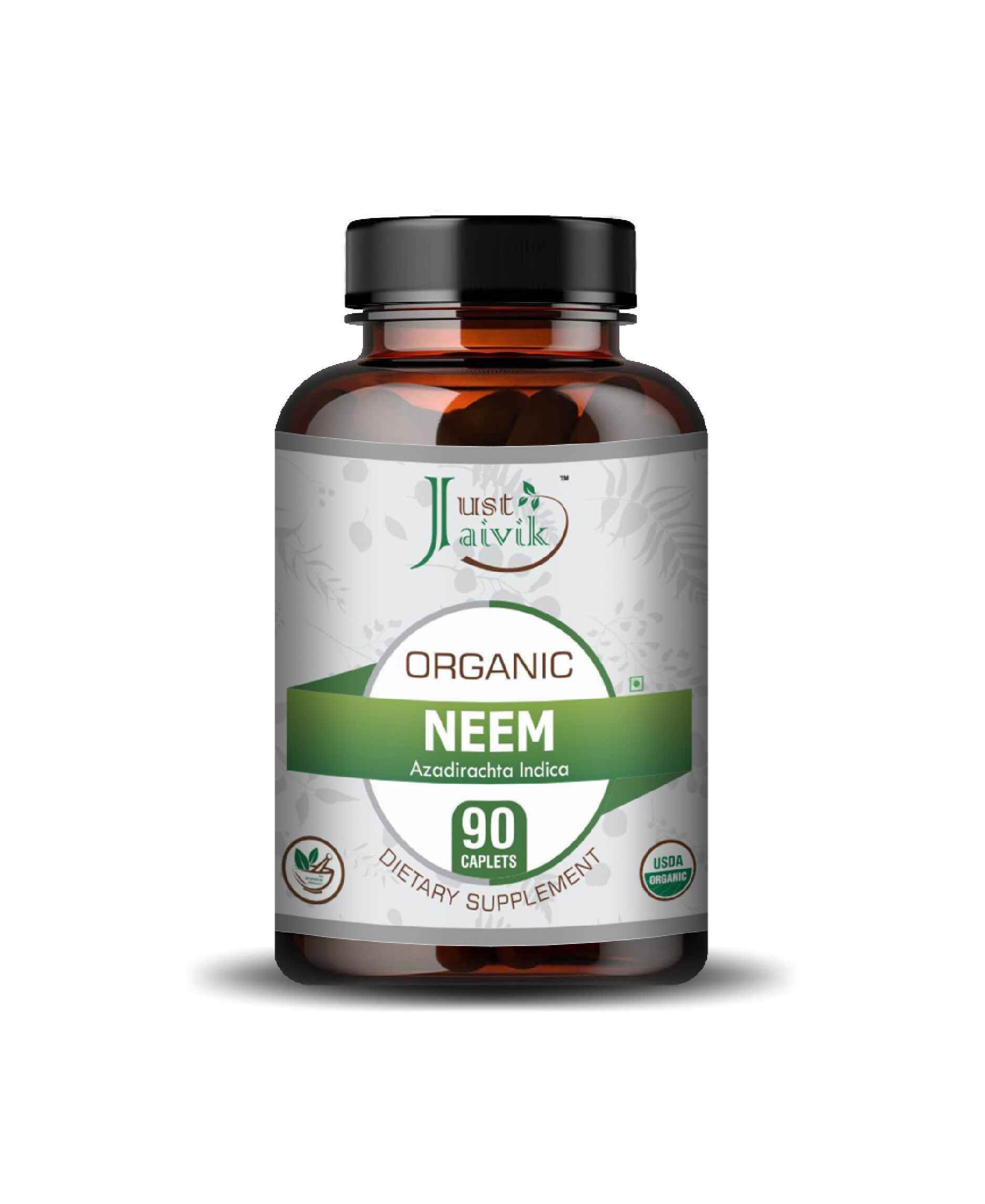 Just Jaivik Organic Neem Caplets bottle for skin detox and immunity