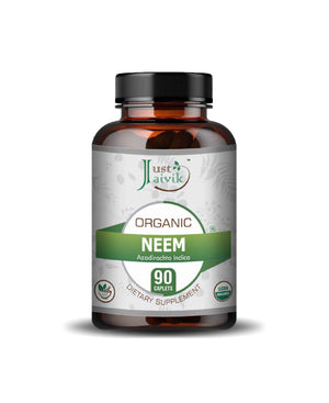 Just Jaivik Organic Neem Caplets bottle for skin detox and immunity