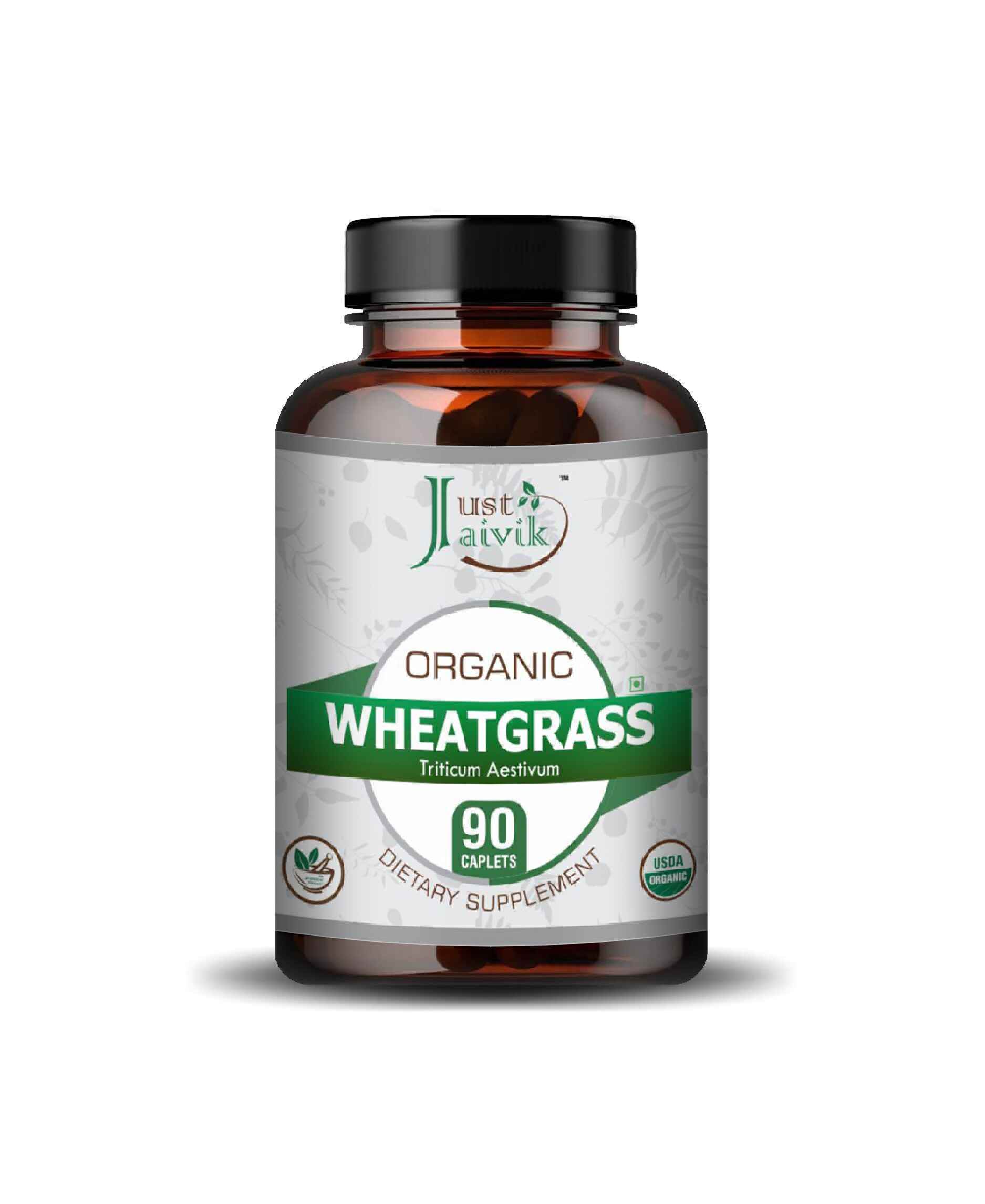Just Jaivik Organic Wheatgrass Caplets bottle with 90 tablets
