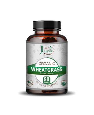Just Jaivik Organic Wheatgrass Caplets bottle with 90 tablets