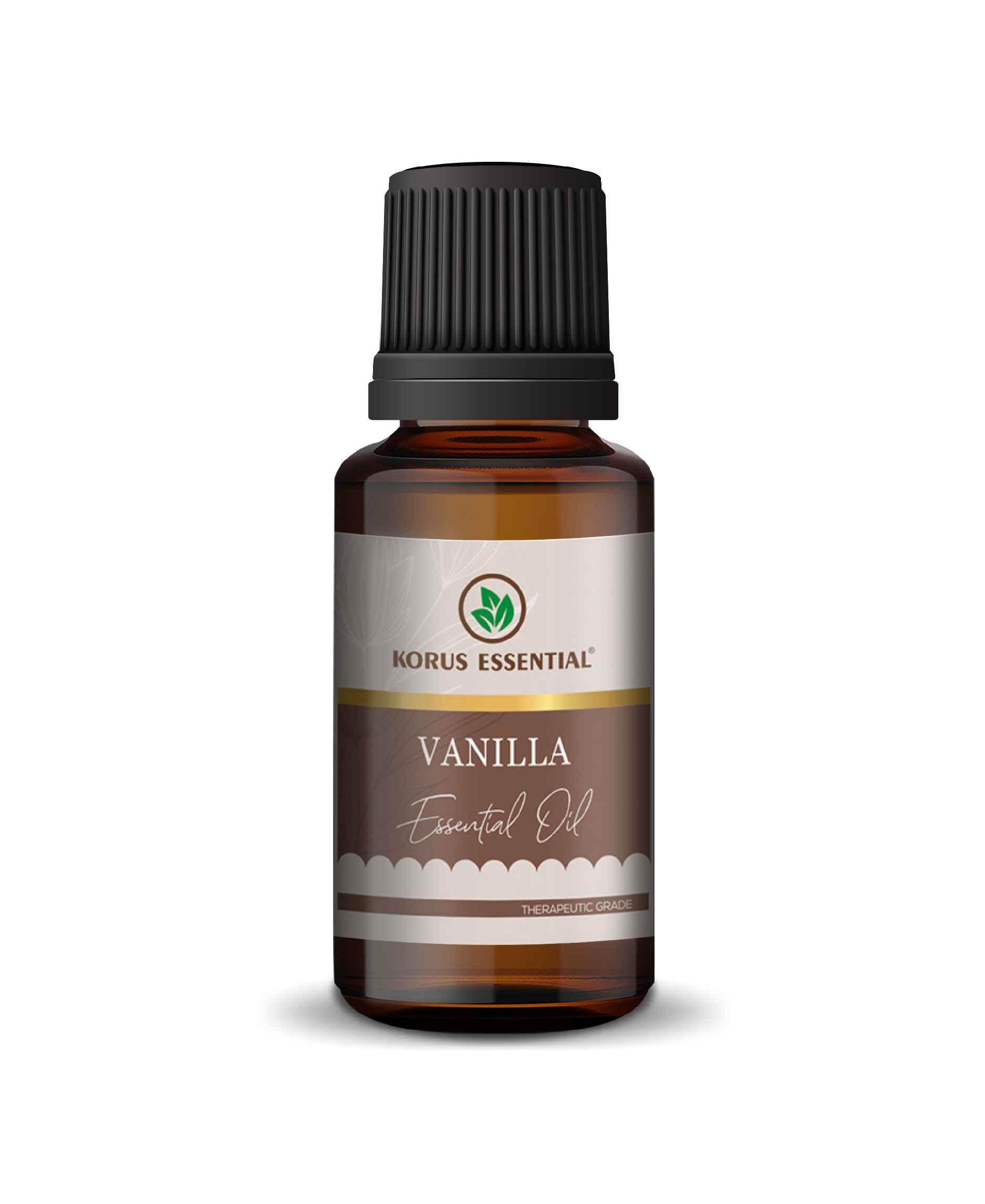 Korus Pure Vanilla Essential Oil bottle on white background