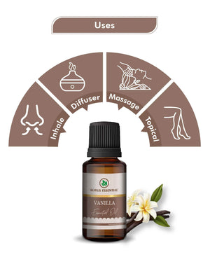 Korus Vanilla Oil bottle with vanilla beans and flowers