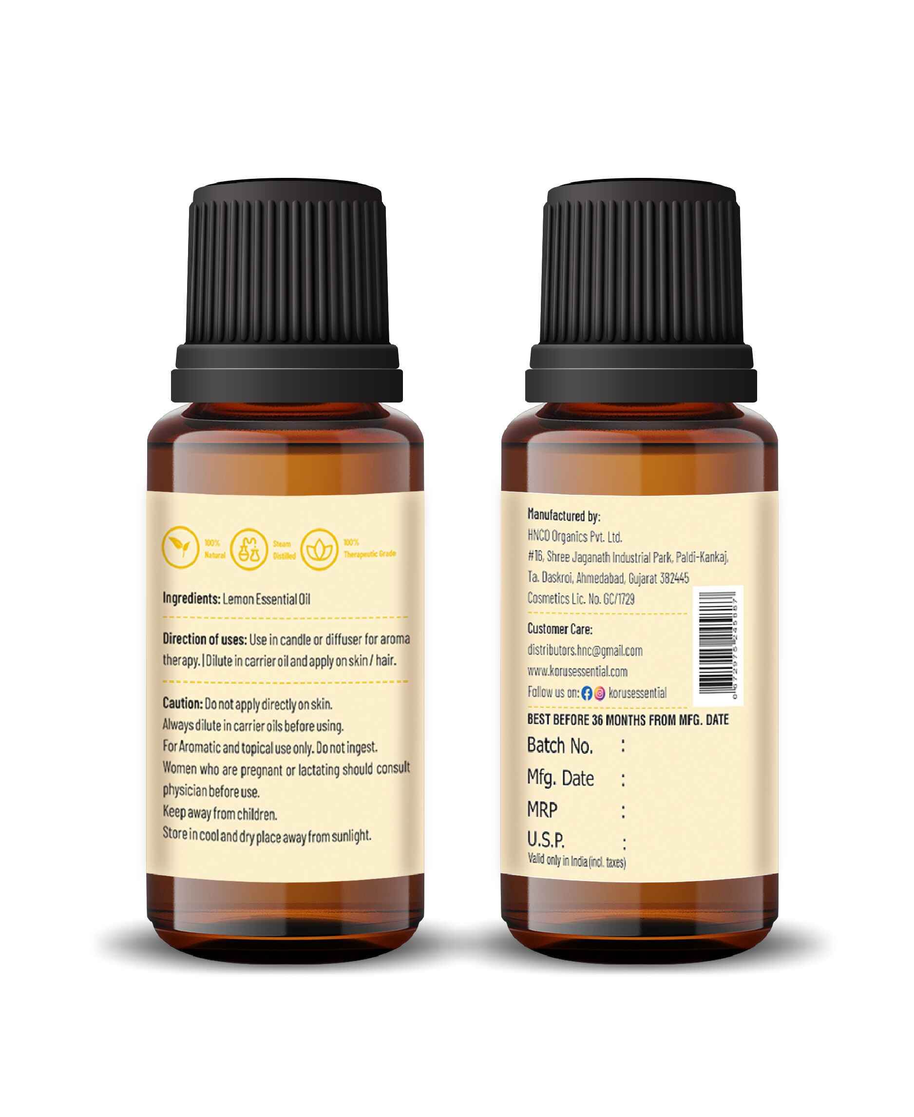 Korus Essential Lemon Oil - 15ml (Pack of 2).