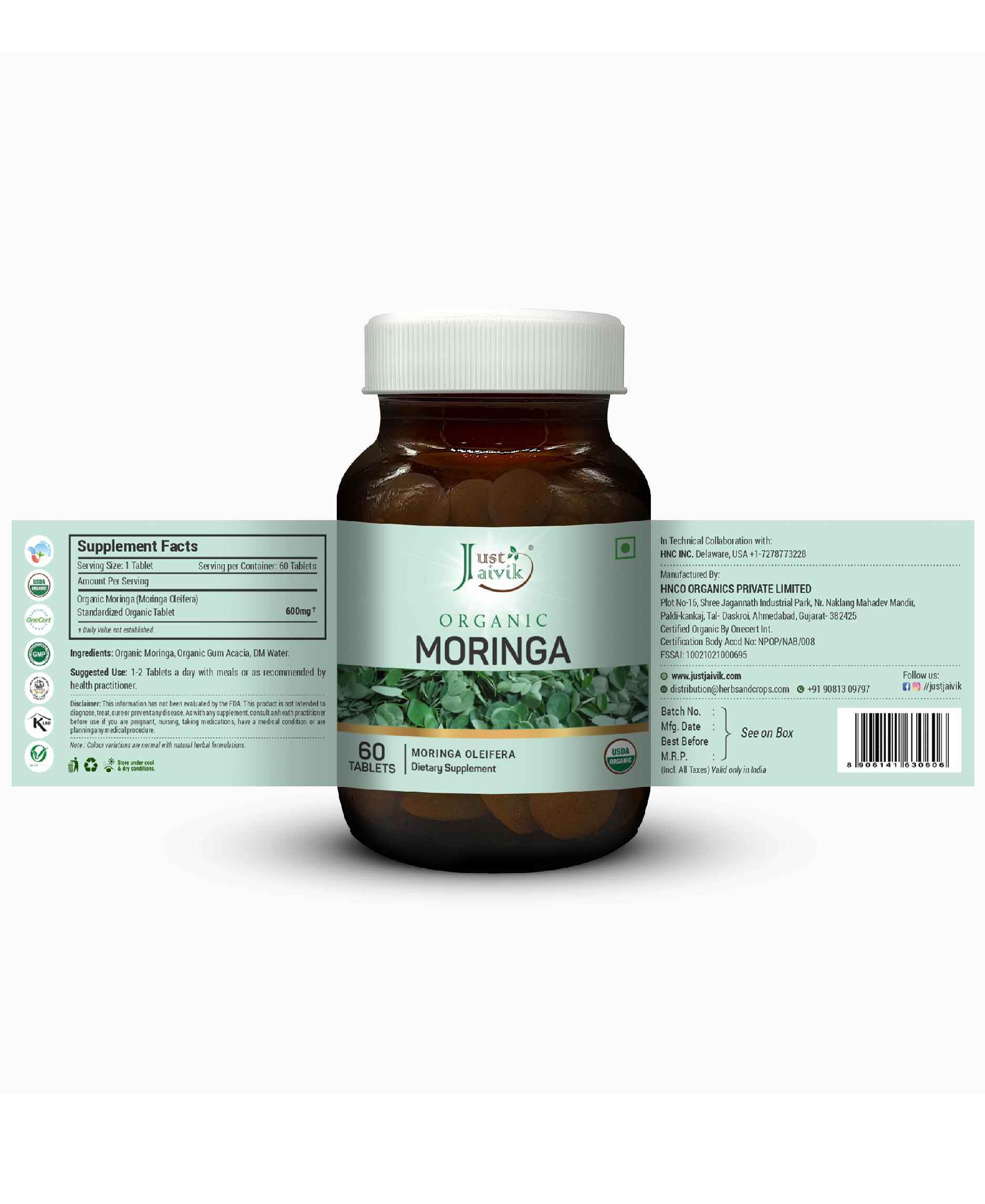 Just Jaivik Organic Moringa Tablets packaging