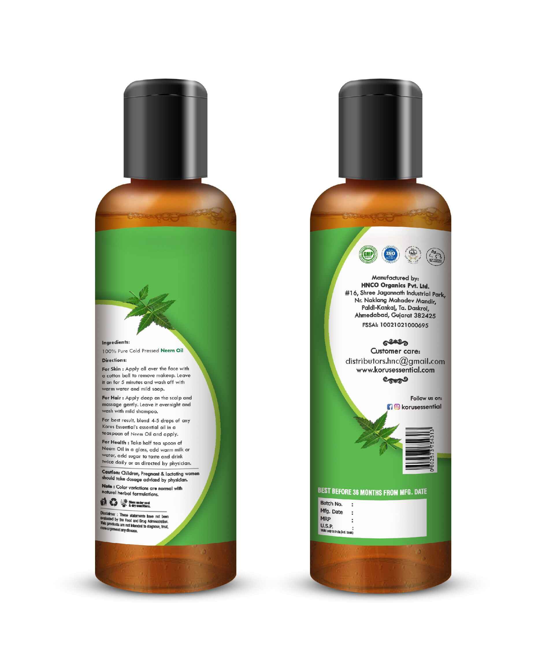 Korus Essential Neem Oil 200ml - 6.76 fl oz (Pack of 3).