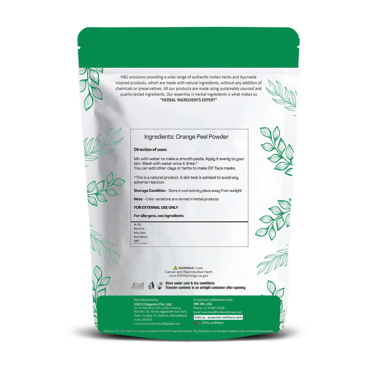 H&C Natural Orange Peel Powder 100gm - Skin Brightening & De-Tan