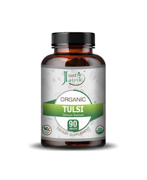 Organic Tulsi Leaves Caplets in a transparent bottle