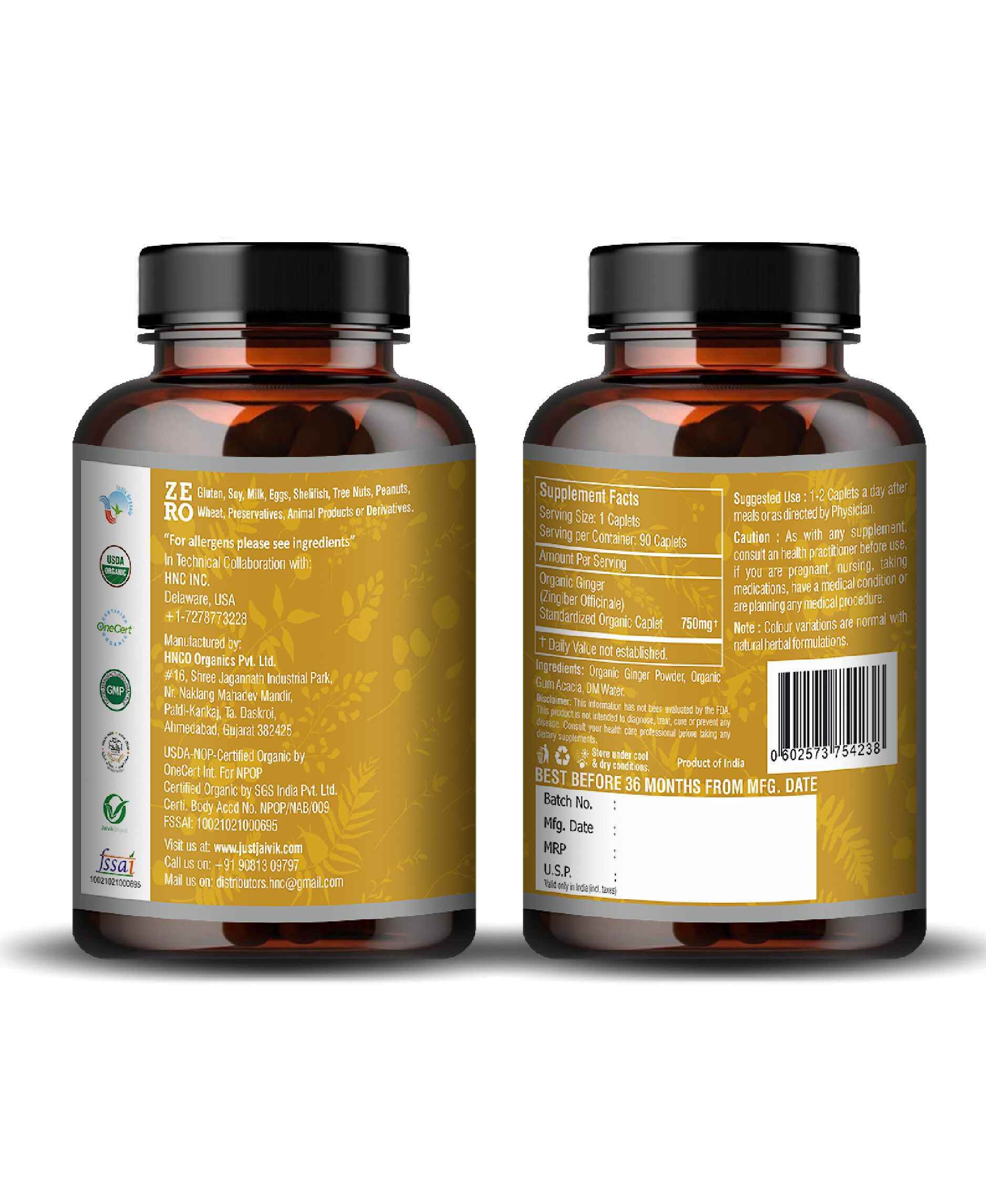 Organic ginger dietary supplement capsules