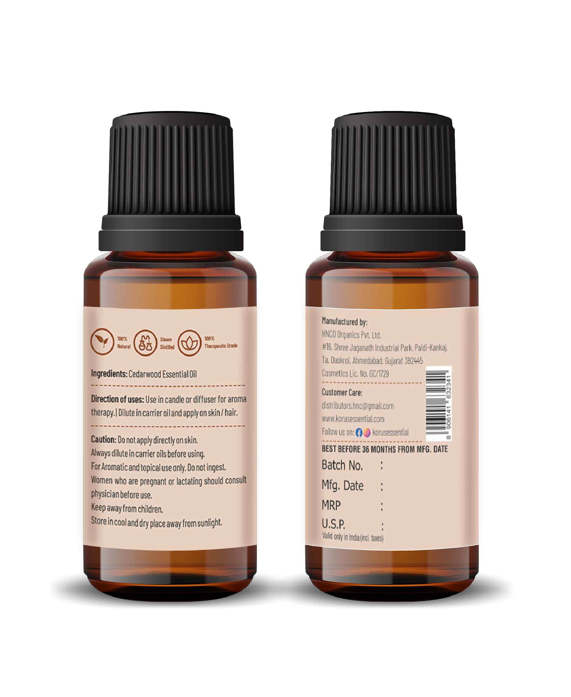 Pure cedarwood essential oil by Korus for relaxation and skin health