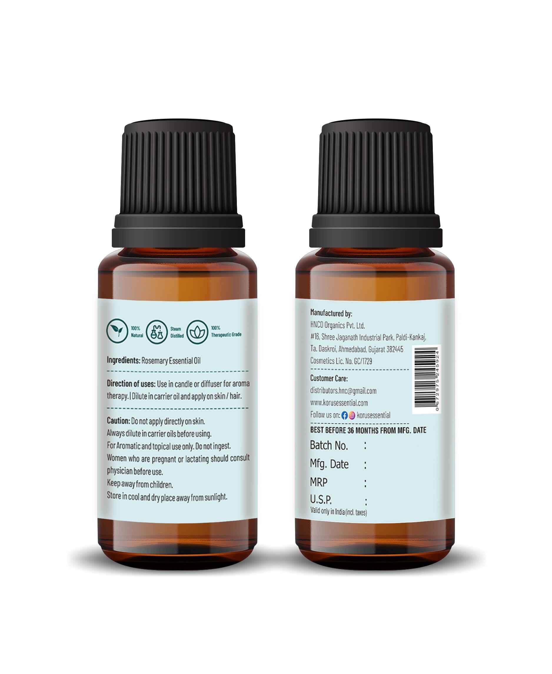 Korus Essential Rosemary Oil - 15ml (Pack of 2).