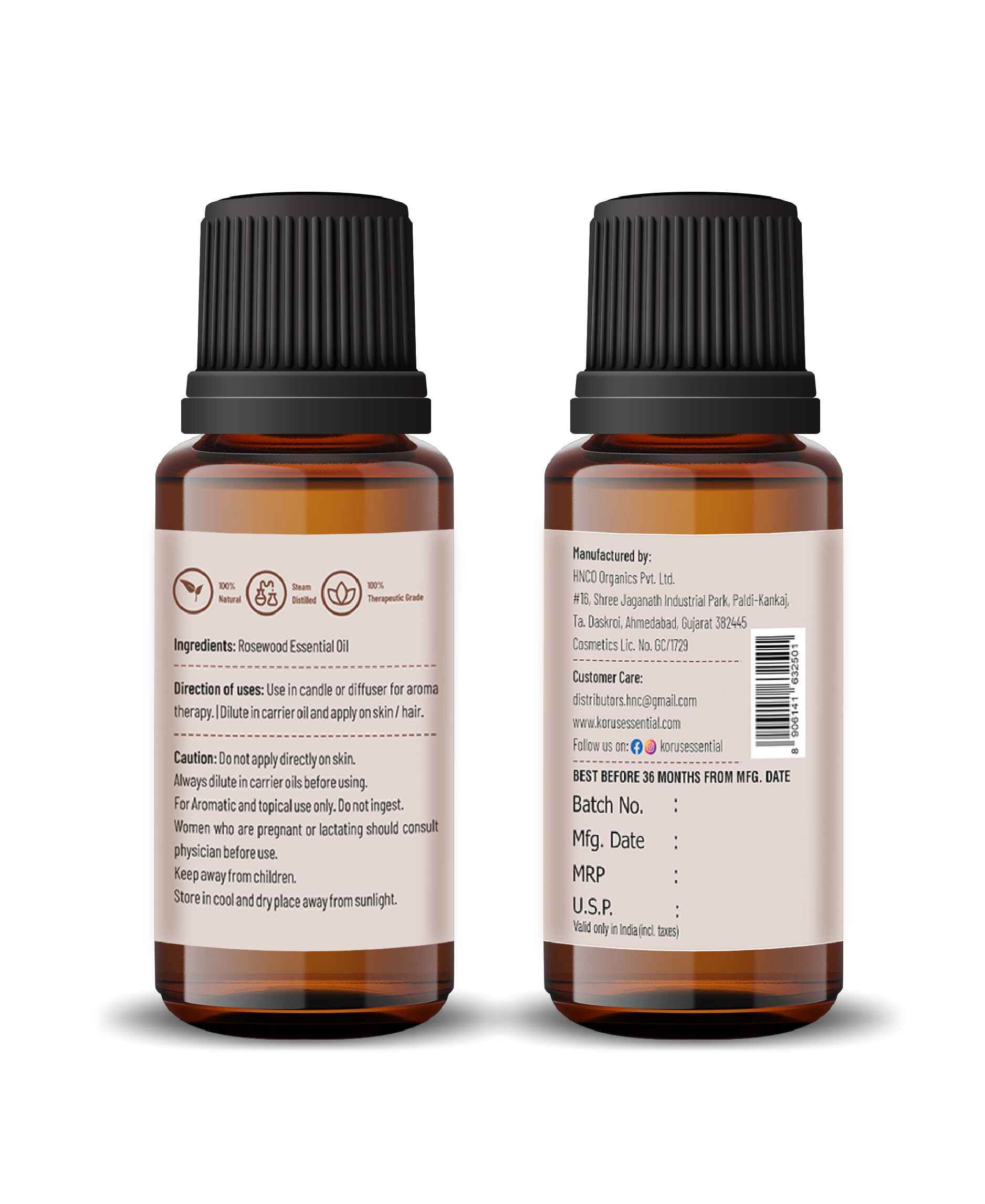Korus Essential Rosewood Oil - 15ml (Pack of 3).