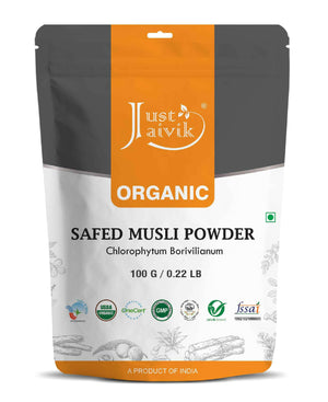 Organic Safed Musli Powder in eco-friendly packaging
