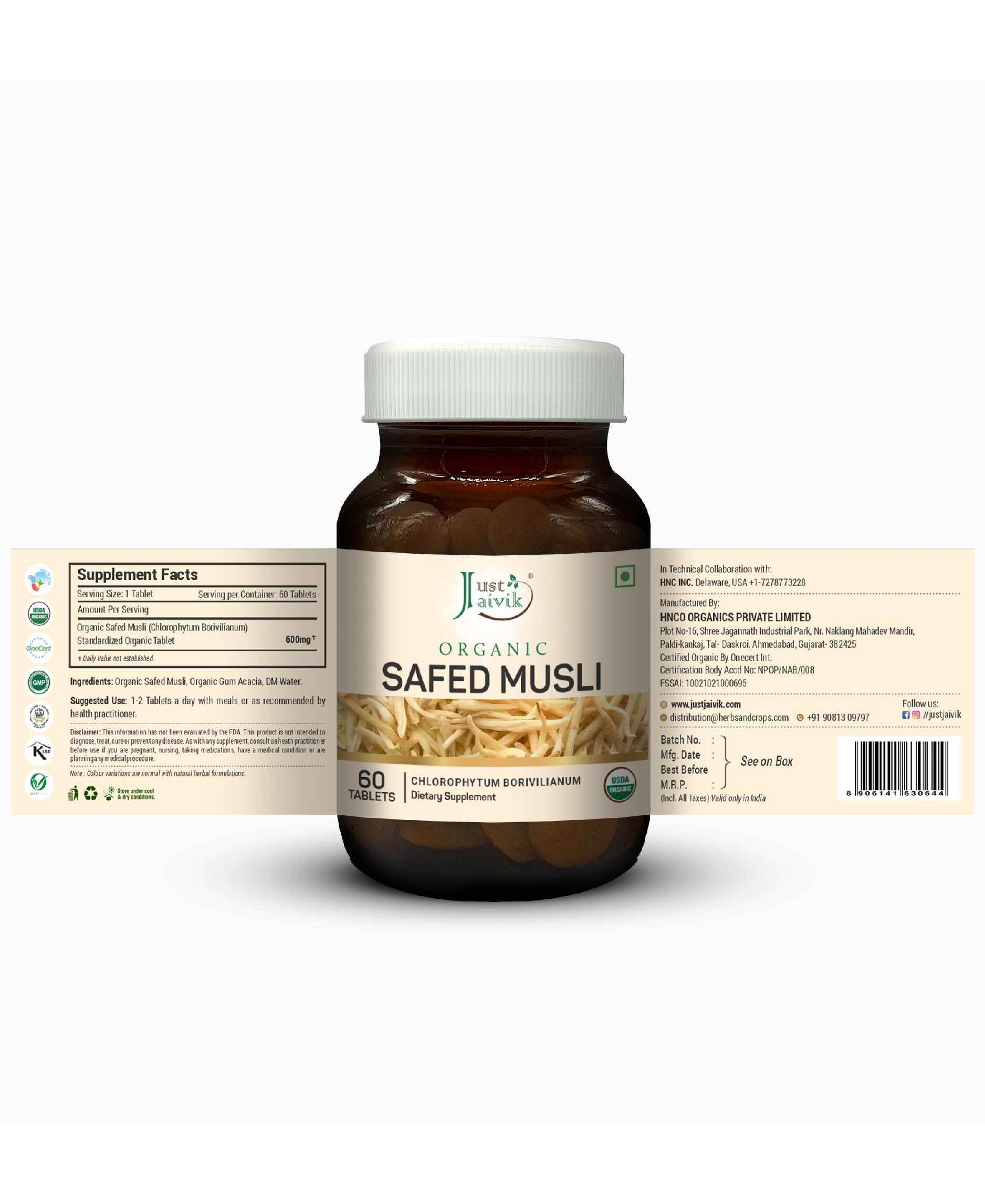 Just Jaivik Organic Safed Musli Tablets packaging