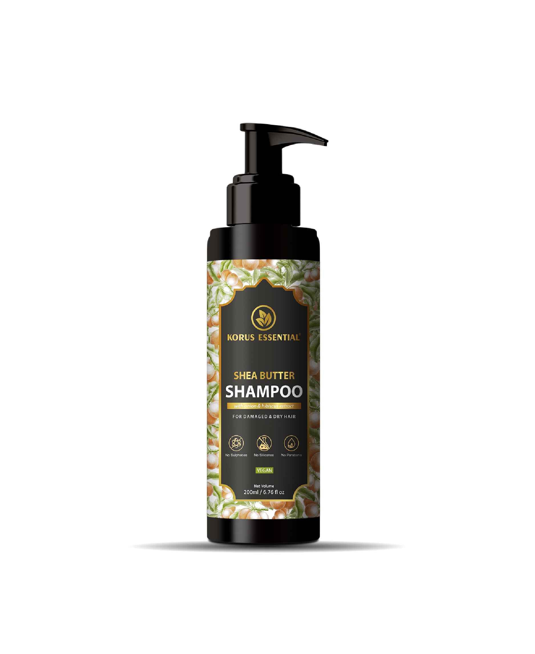 Shea Butter Shampoo with Onion & Hibiscus Extract for Damaged and Dry Hair | 200 ml | Korus Essential.