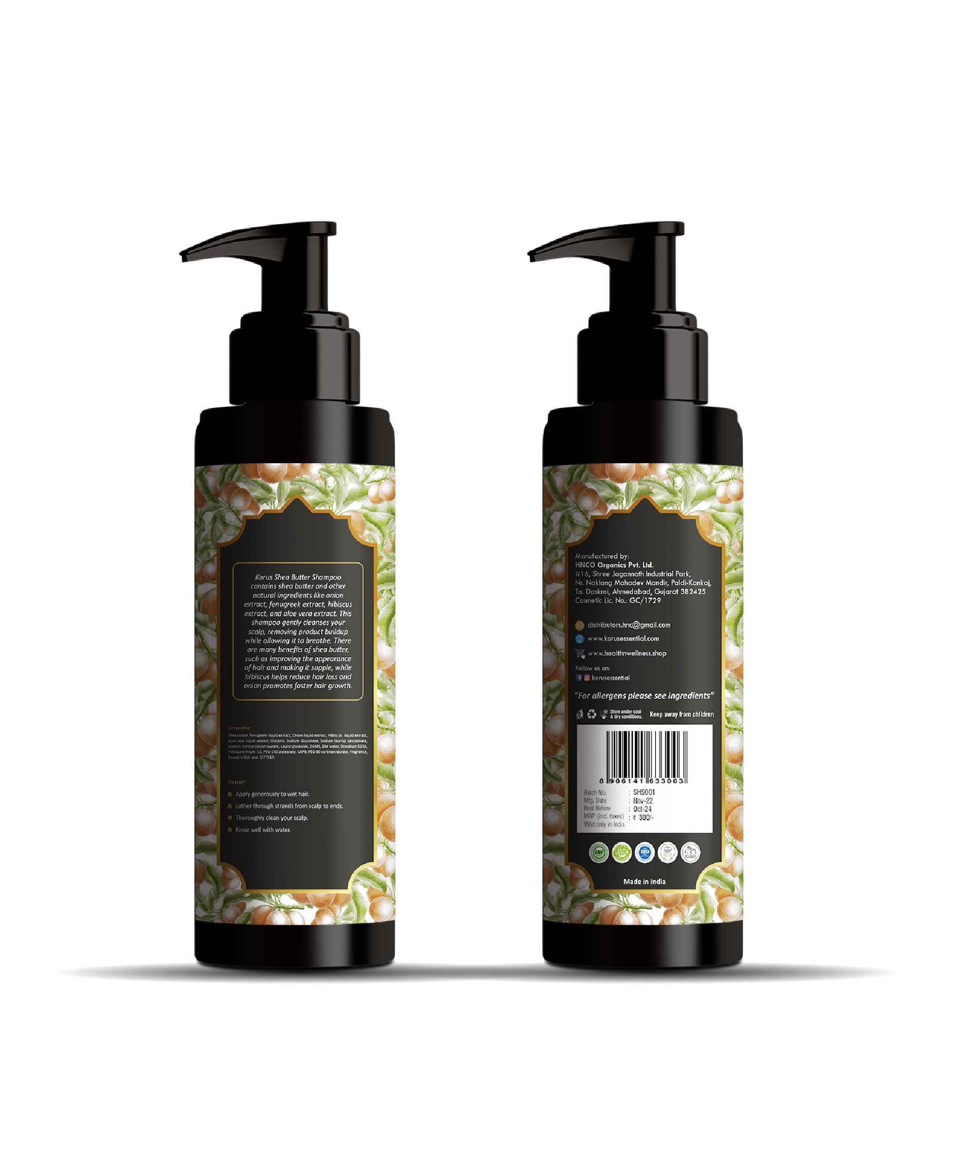 Shea Butter Shampoo with Onion & Hibiscus Extract for Damaged and Dry Hair | 200 ml | Korus Essential.
