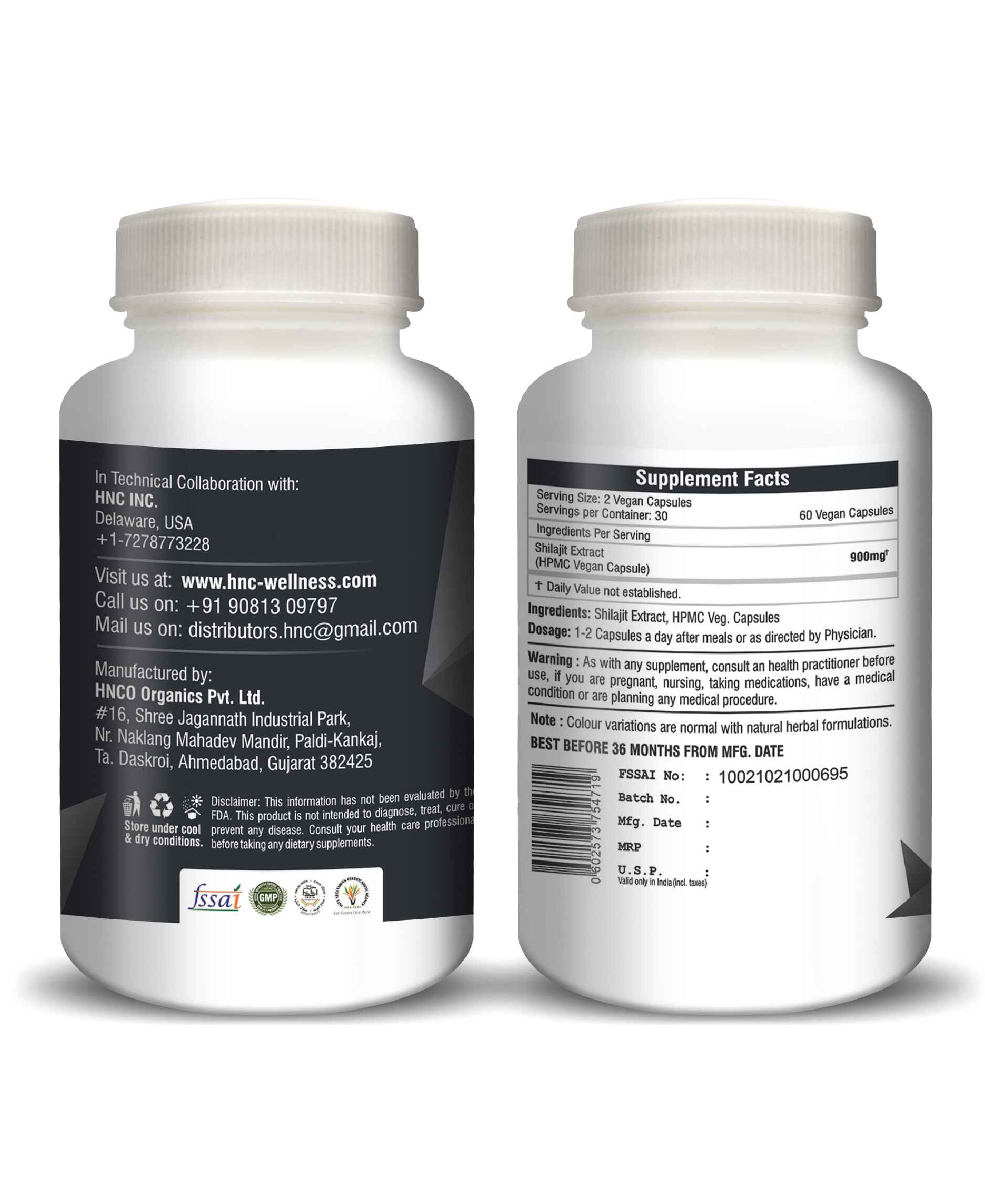 H&C Shilajit Extract Veg Capsules bottle front view