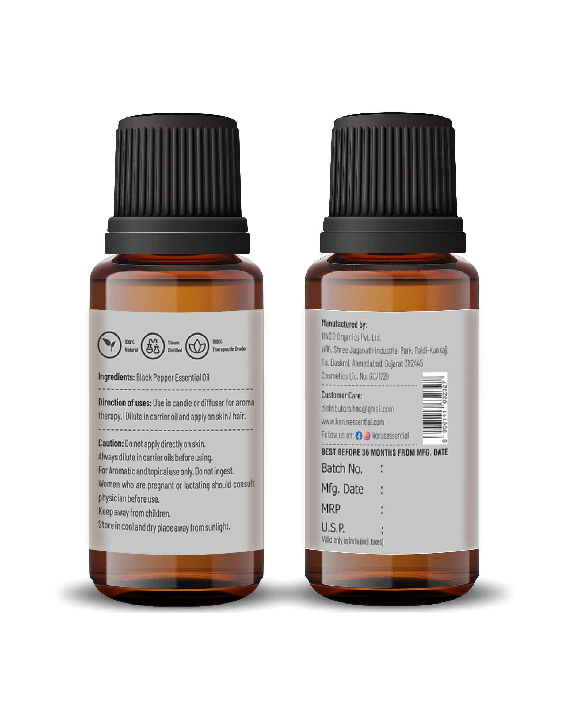 Therapeutic-grade black pepper essential oil in glass dropper bottle