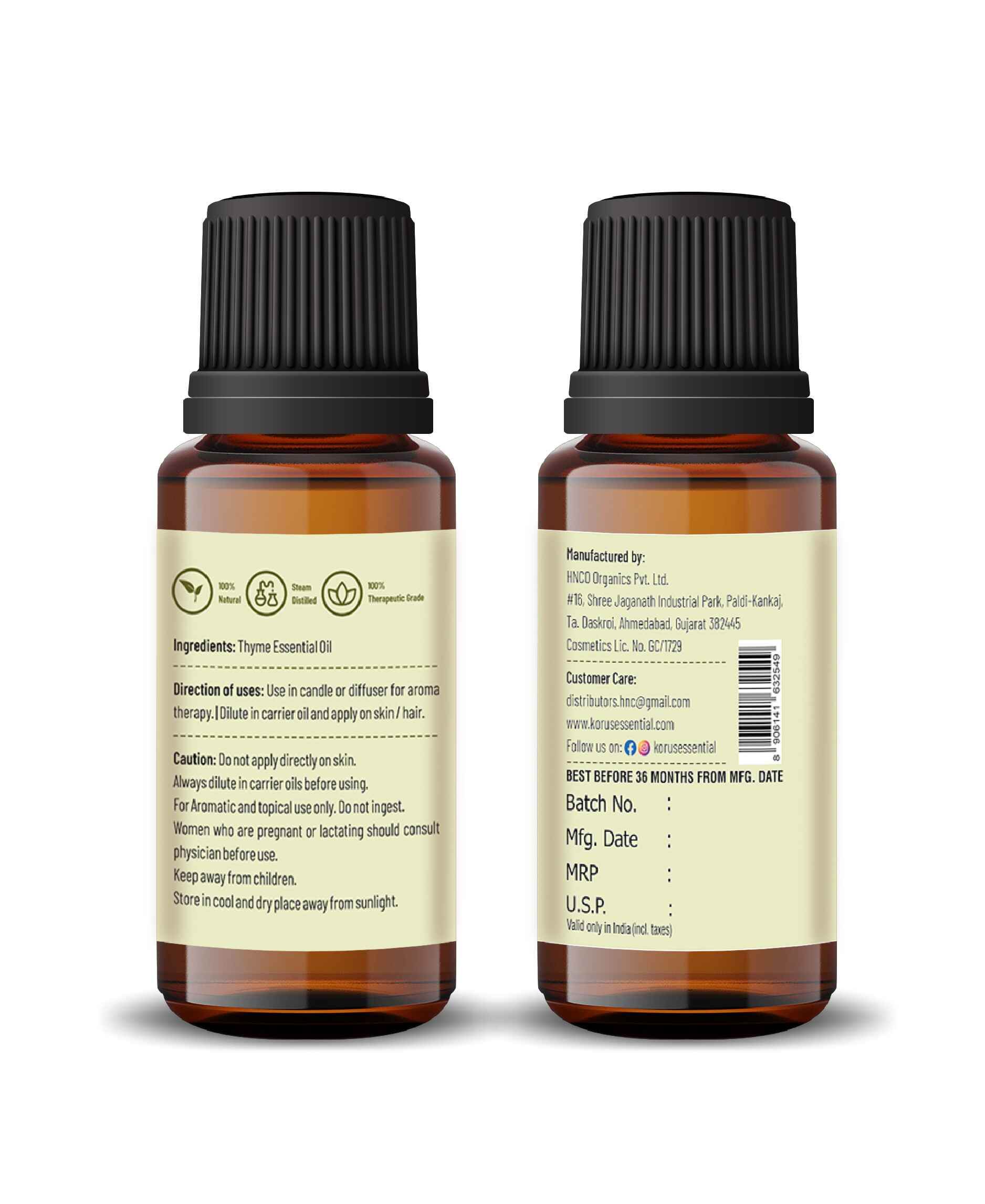 Korus Essential Thyme Oil - 15ml (Pack of 2).