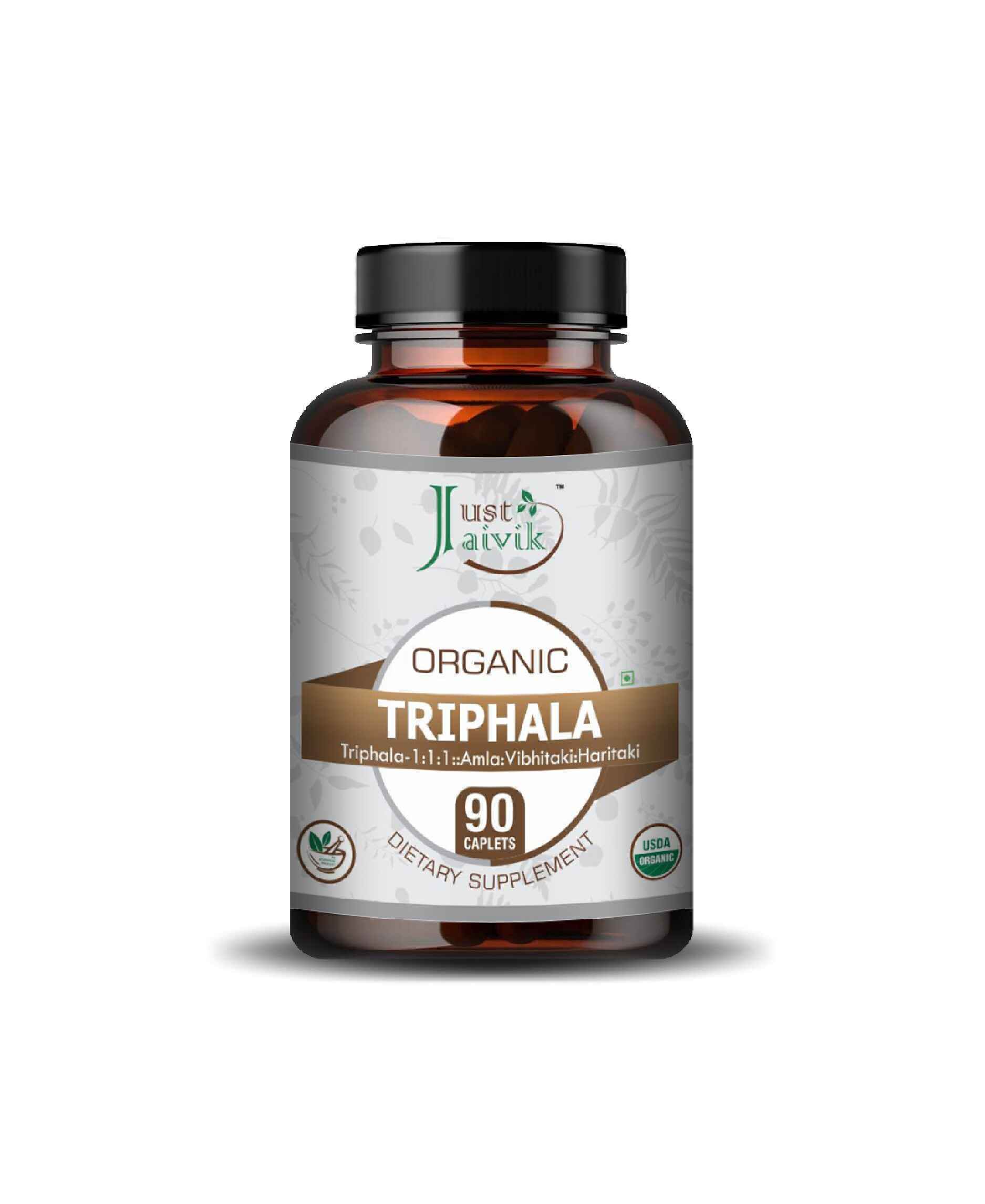 Just Jaivik Organic Triphala Caplets bottle with organic Triphala supplement