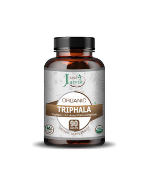 Just Jaivik Organic Triphala Caplets bottle with organic Triphala supplement