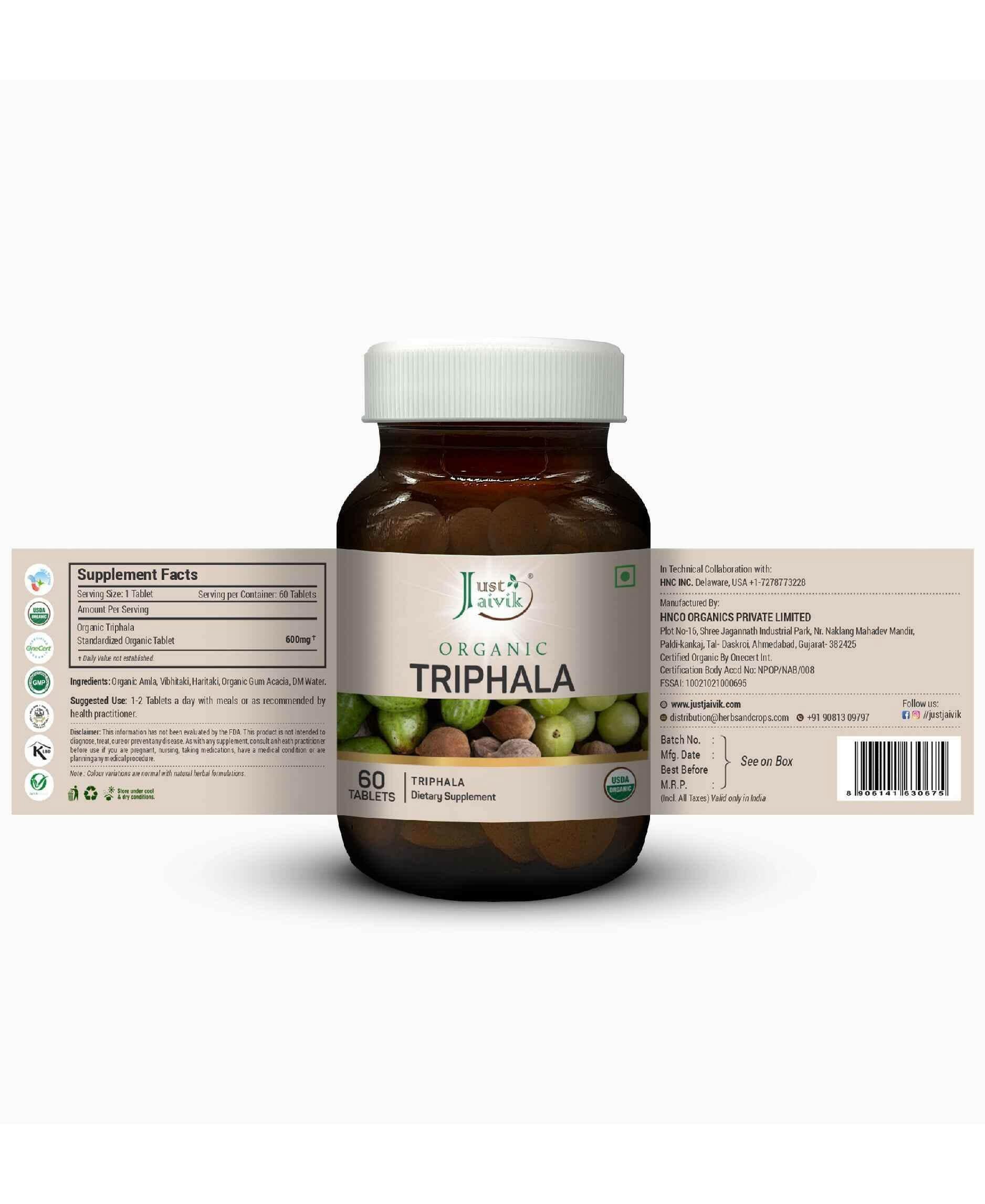 Just Jaivik Organic Triphala Tablets bottle front view