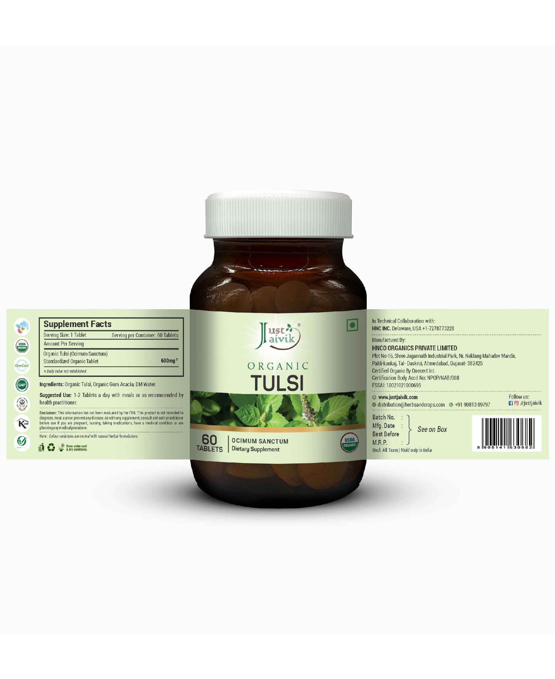 Just Jaivik Organic Tulsi Tablets 600mg bottle with organic tulsi leaf powder
