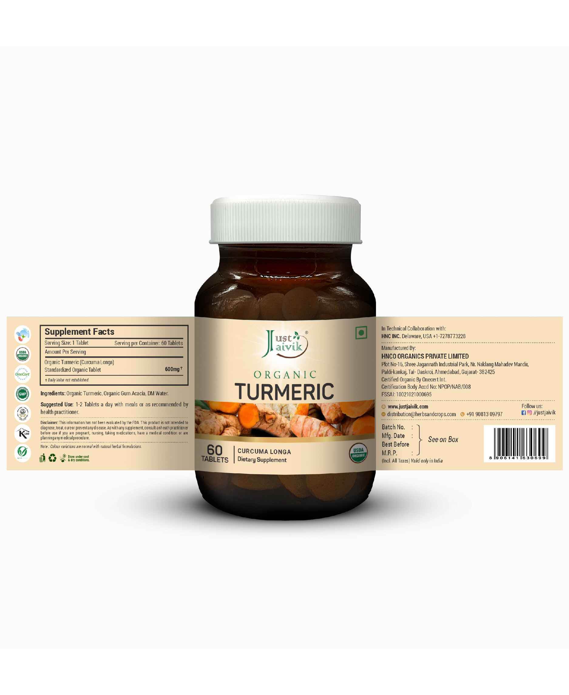 Just Jaivik Organic Turmeric Tablets 600mg bottle