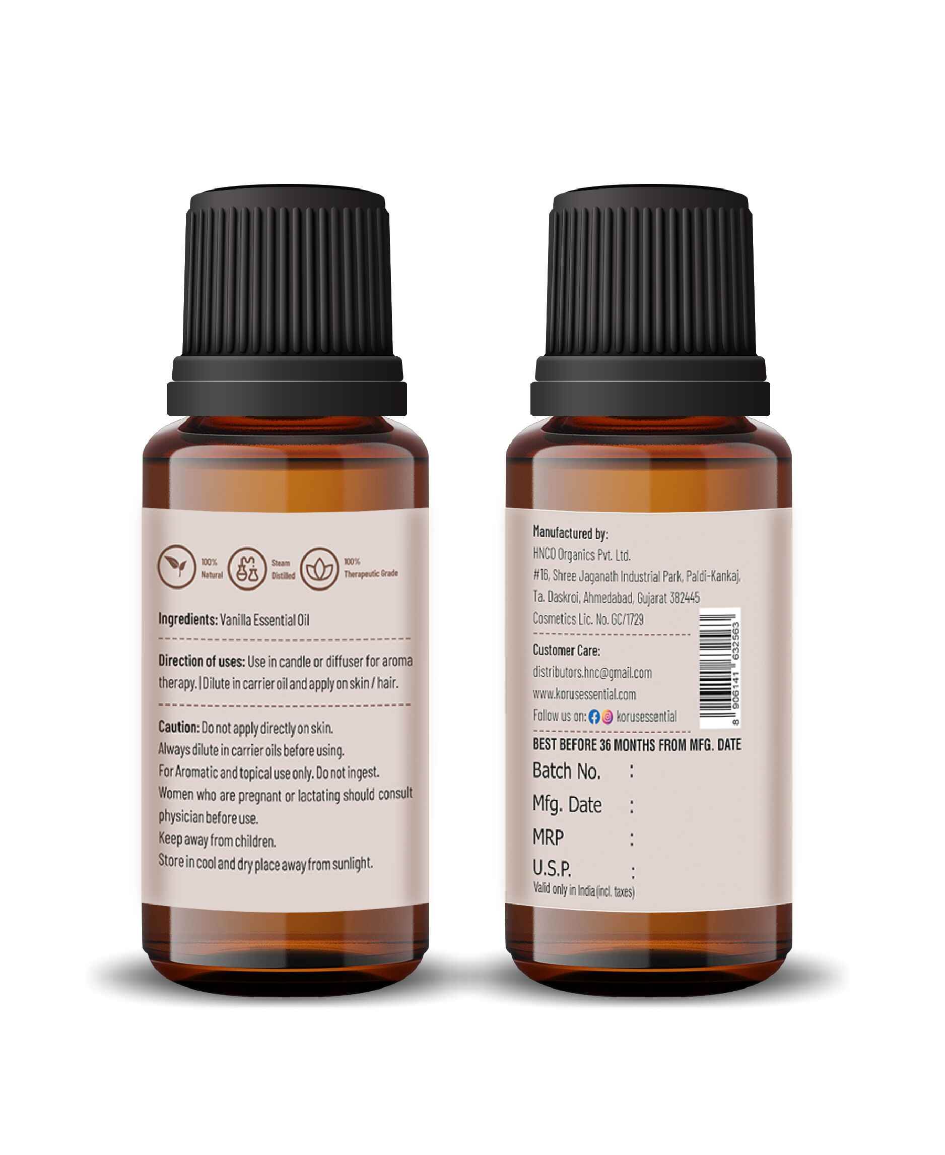 Korus Essential Vanilla Oil - 15ml (Pack of 3).