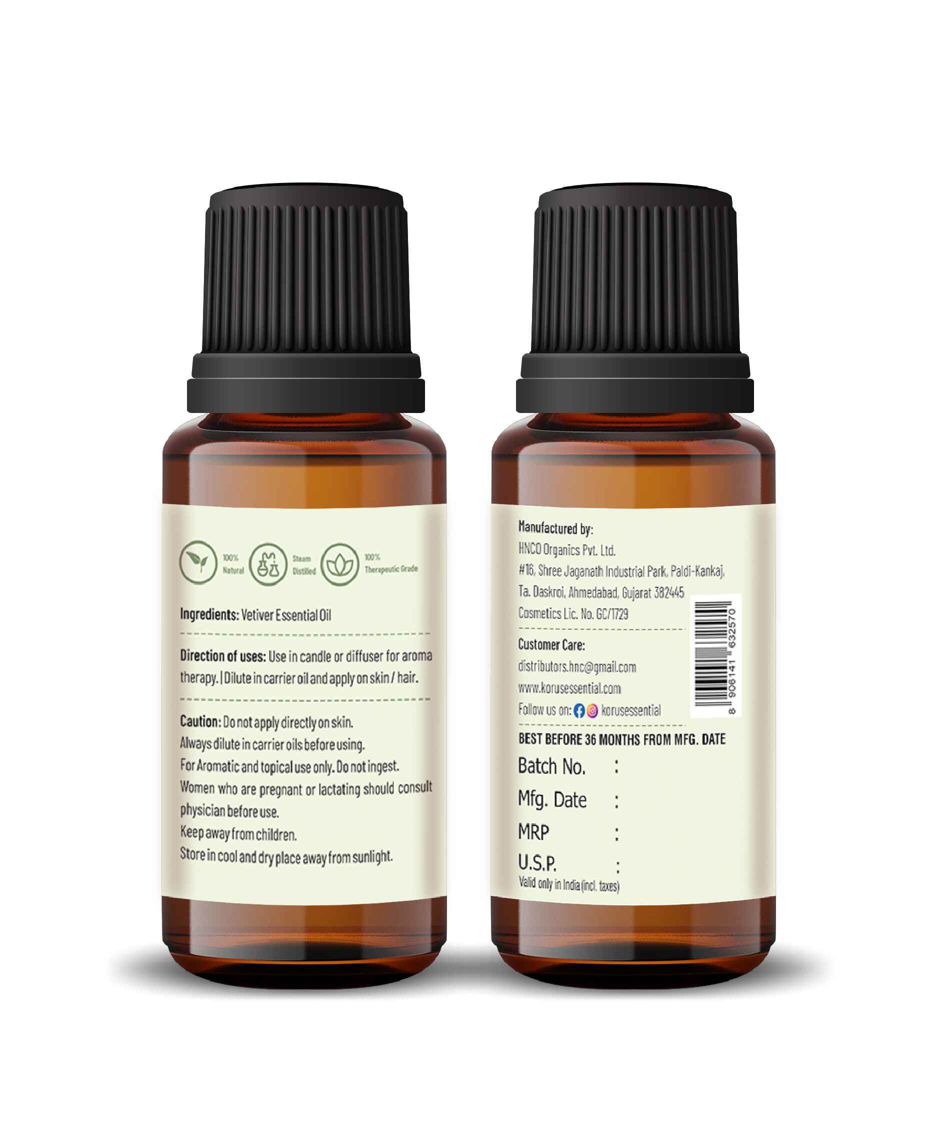 Korus Essential Vetiver Oil - 15ml (Pack of 2).