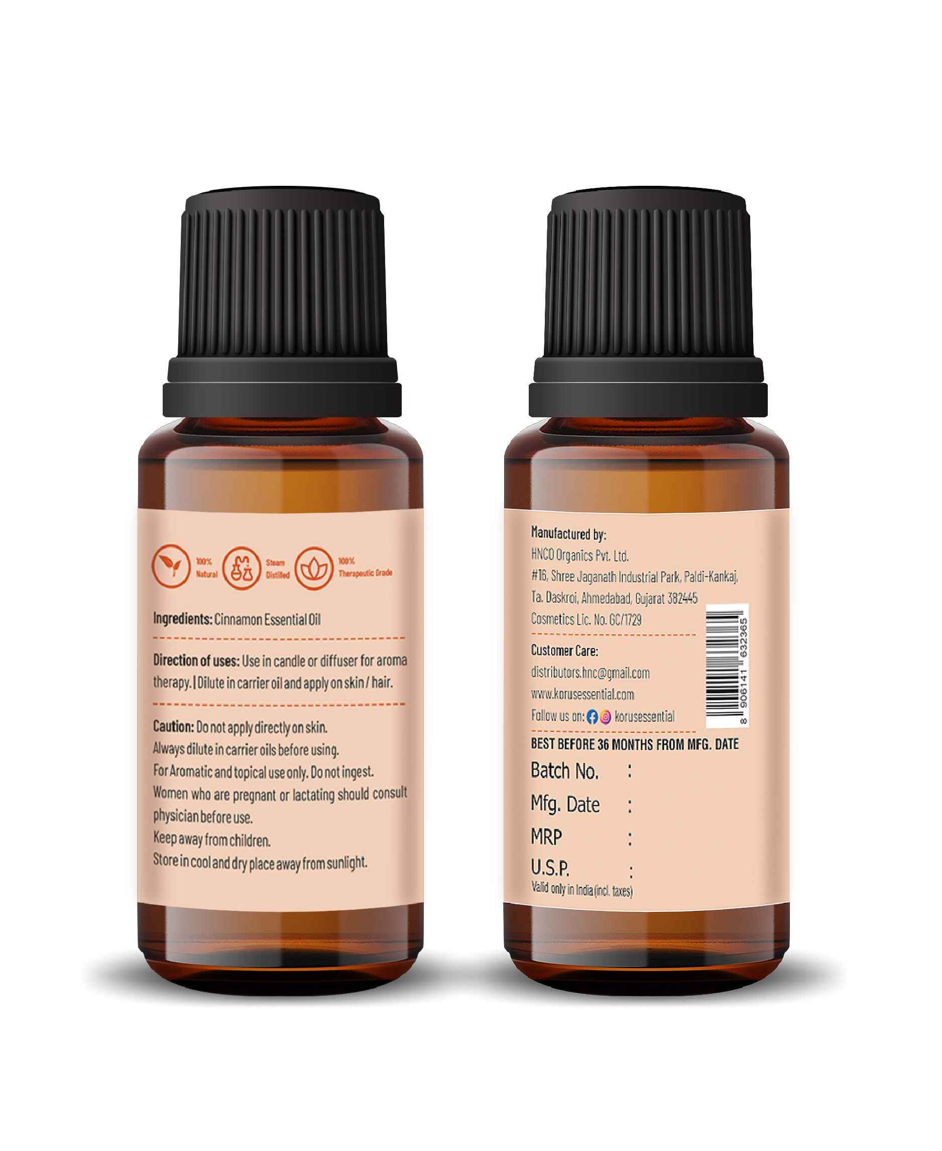 pure cinnamon bark essential oil Korus brand for aromatherapy