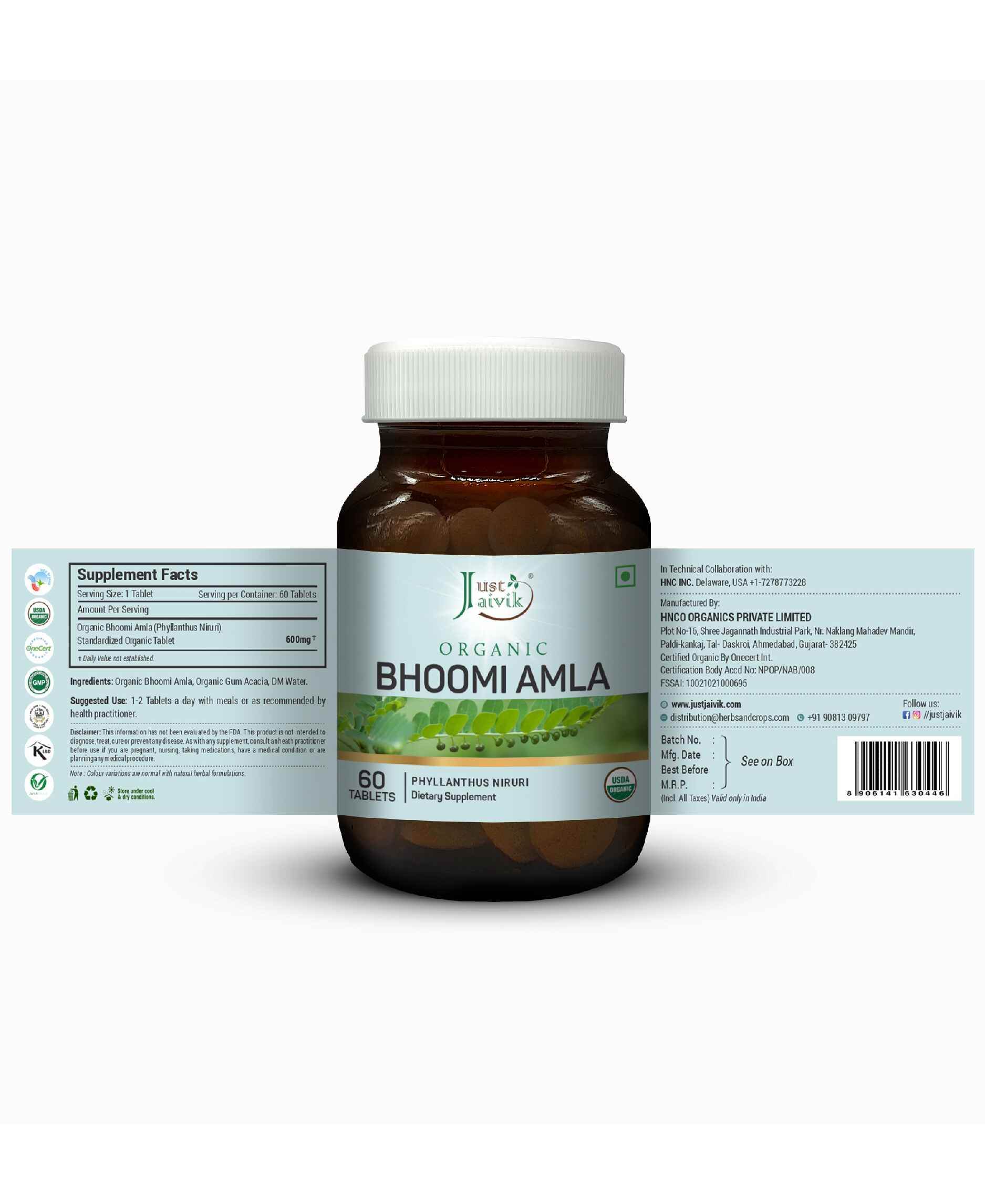 Just Jaivik Organic Bhumi Amla Tablets 600mg bottle for liver health
