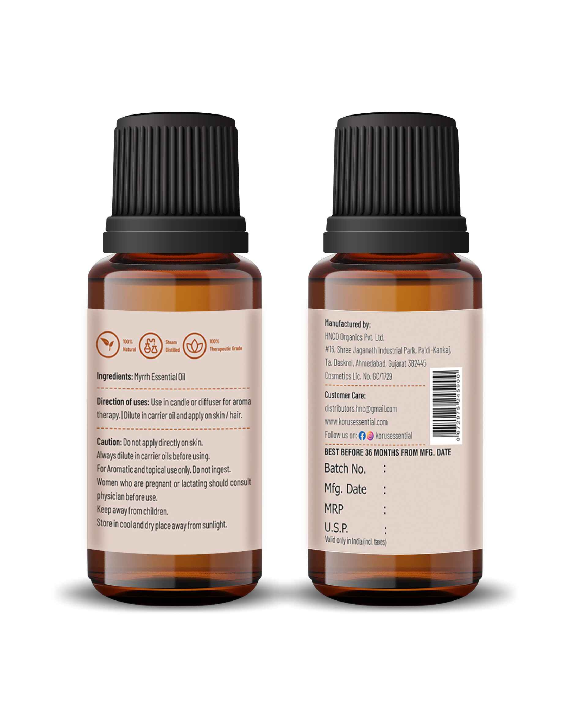 Close-up of Korus Myrrh Essential Oil with natural resin and dropper