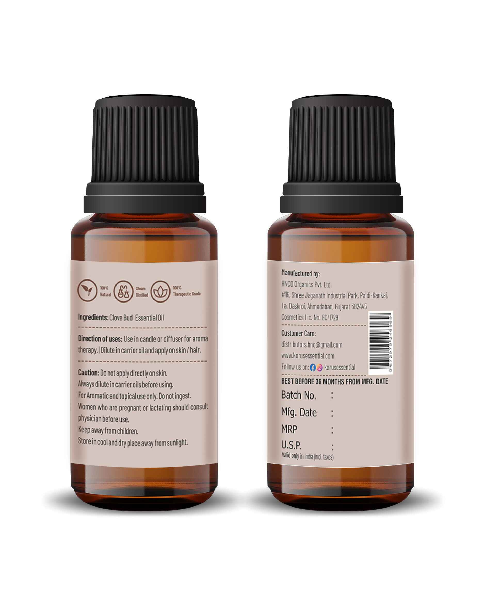 Korus Essential Clove Bud Oil - 15ml (Pack of 2).