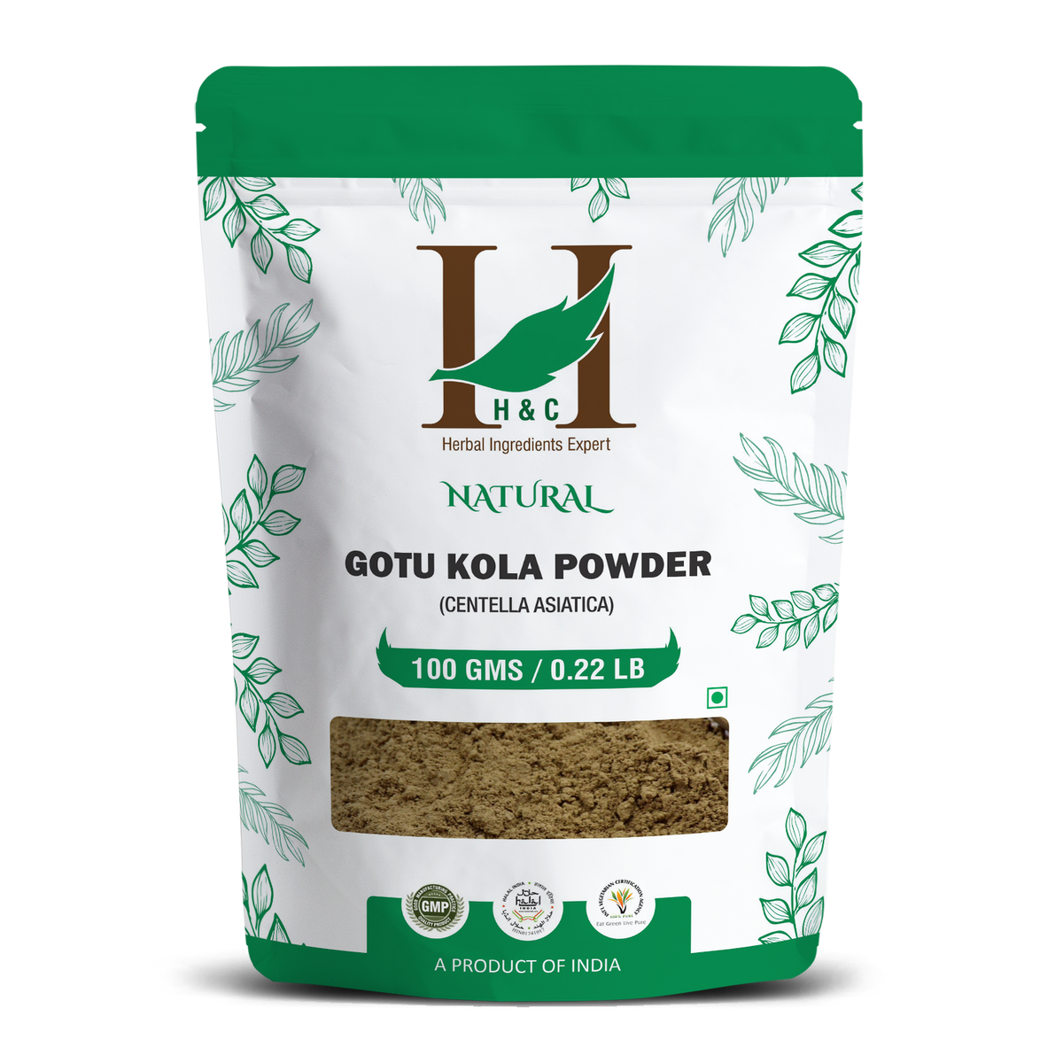 A stand-up pouch of H&C Natural Gotu Kola Powder (Centella Asiatica) on a solid white background. The packaging is white with a green top and bottom, decorated with green leaf illustrations.