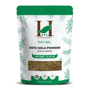 A stand-up pouch of H&C Natural Gotu Kola Powder (Centella Asiatica) on a solid white background. The packaging is white with a green top and bottom, decorated with green leaf illustrations.