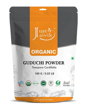 Just Jaivik Organic Guduchi Powder packaging with natural herbal content